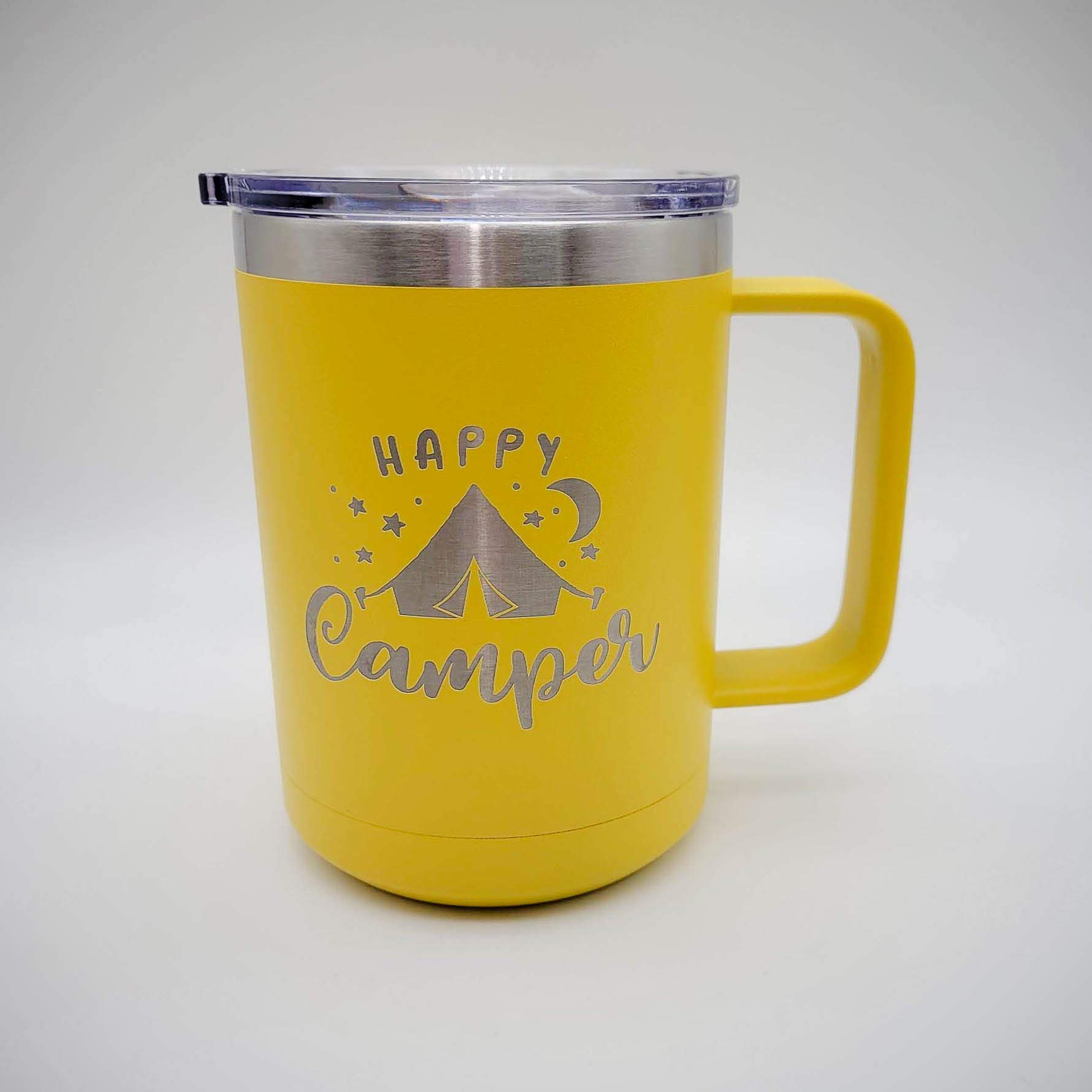Happy Camper Engraved 15oz Polar Camel Mug - Insulated Stainless Steel Camping Cup for Coffee & Hot Drinks | Perfect for Tent Camping, Hiking, Backpacking & Outdoor Adventures | Great Camping Gift for Men & Women
