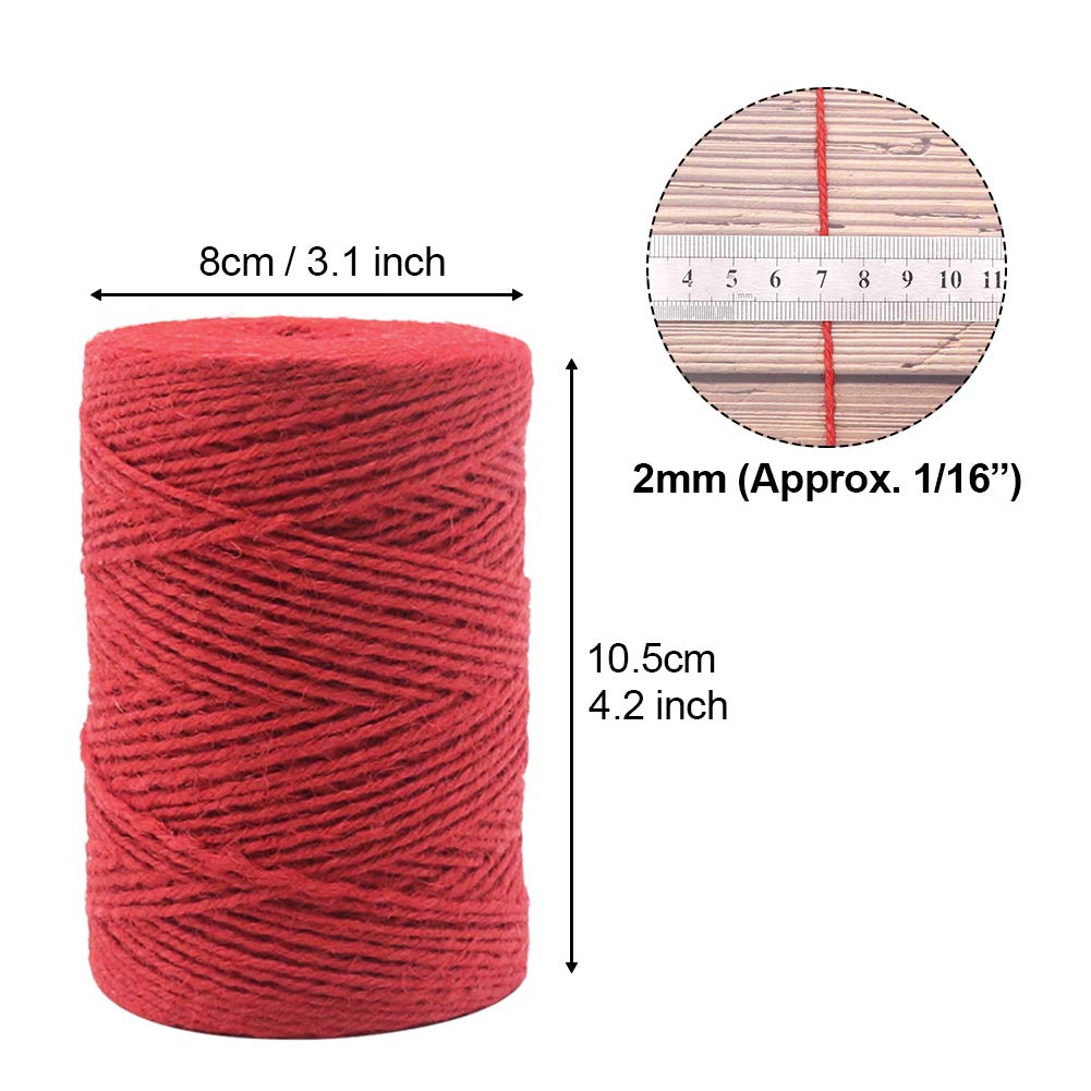 Red Jute Twine 656ft - 2mm Craft String for Gifts, Gardening & Christmas Decor