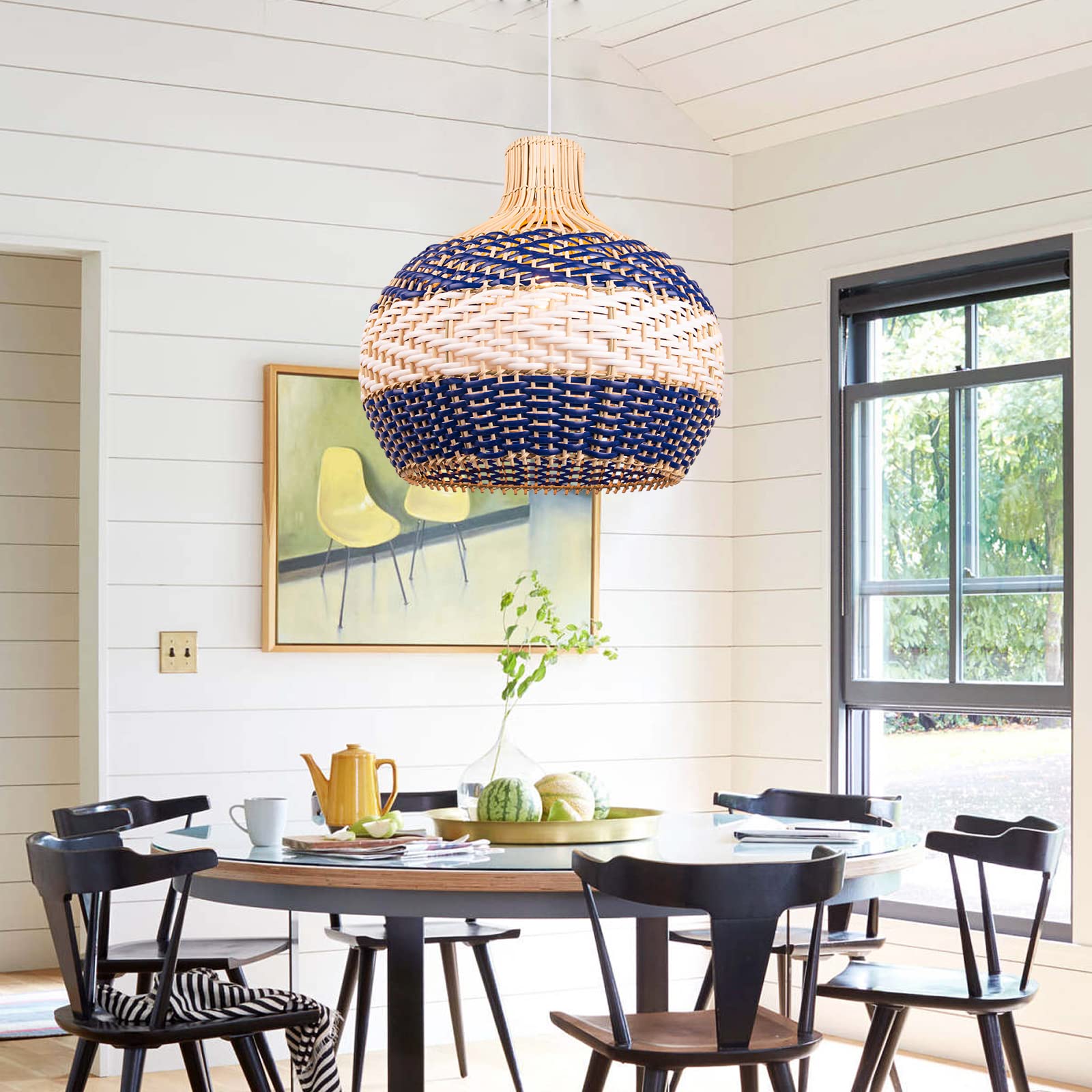 Arturesthome Natural Rattan Pendant Light - 1-Light Woven Chandelier with Domed Shade for Farmhouse Kitchen, Dining Room, Bedroom & Patio Lighting
