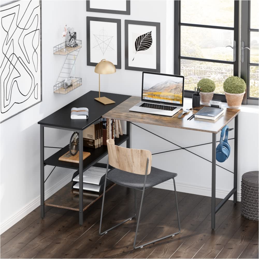 NYCSUOANI L-Shaped Black Linen Retro Desk - Dual-Tone Modern Home Office Workstation for Small Spaces | Perfect for Gaming, Study & Remote Work