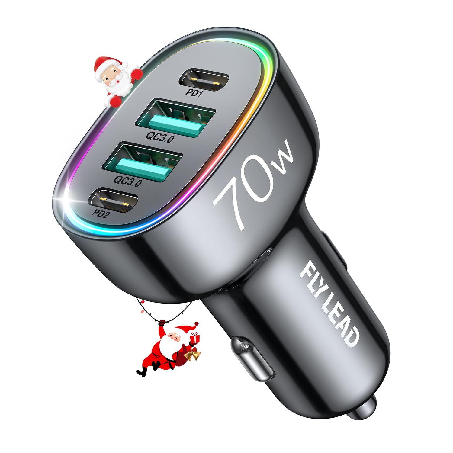 70W 4-Port USB C Car Charger Fast Charging Adapter - Compatible with iPhone 16, Android & More - Perfect for Family Road Trips & Long Commutes