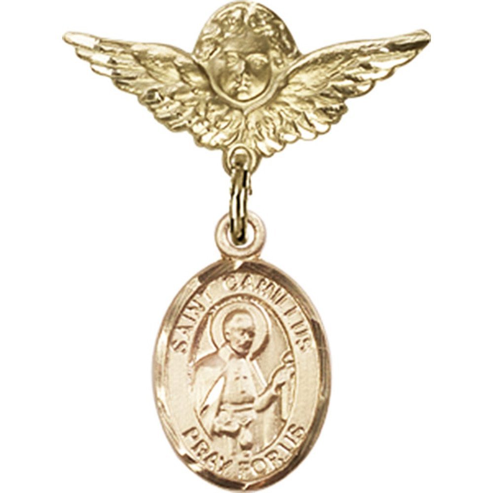 Gold Filled Baby Badge with St. Camillus of Lellis Charm & Angel Wing Pin (1