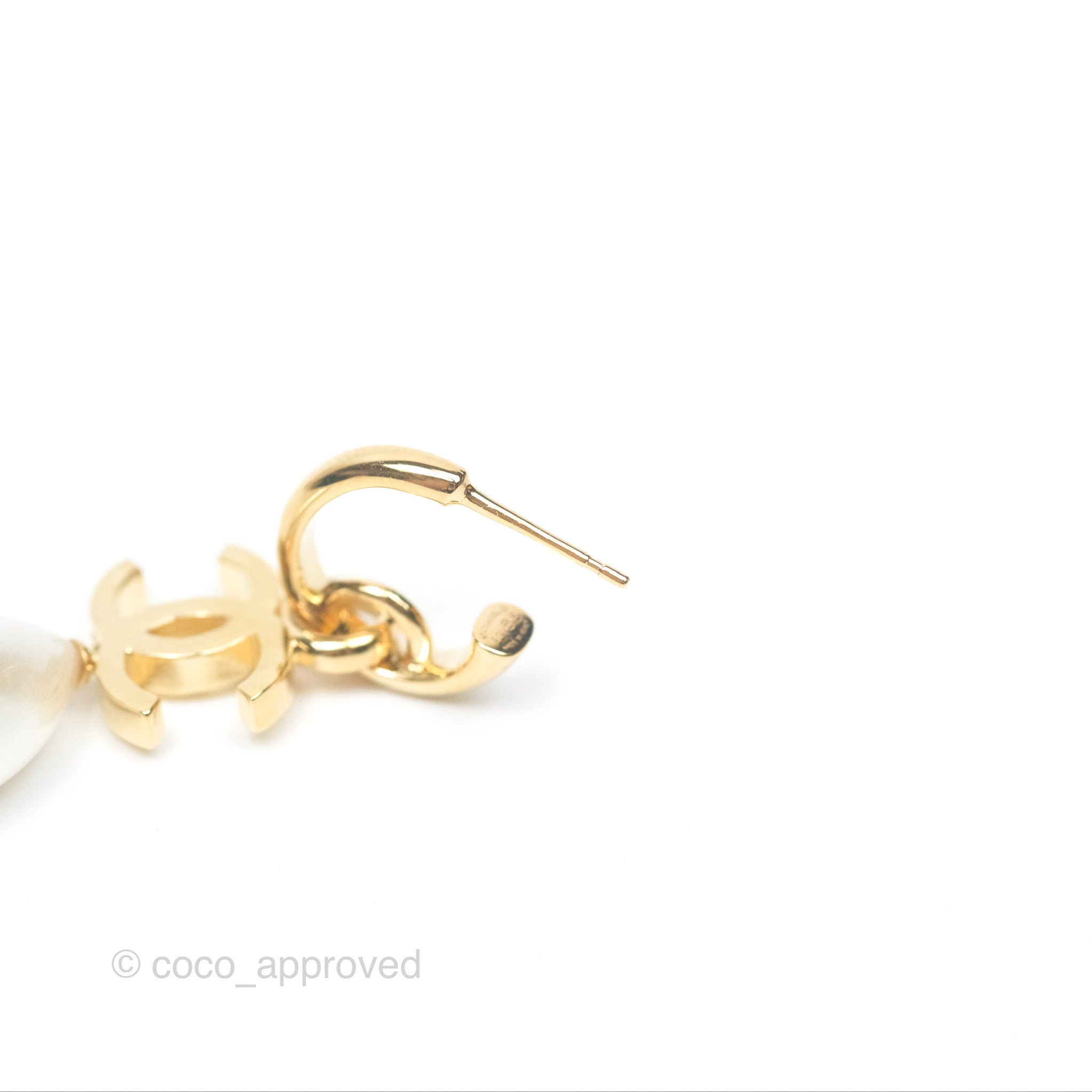 Chanel CC Pearl Drop Hoop Earrings in Gold Tone - 24S Collection | Luxury Fashion Jewelry for Women, Perfect for Parties, Weddings & Special Occasions