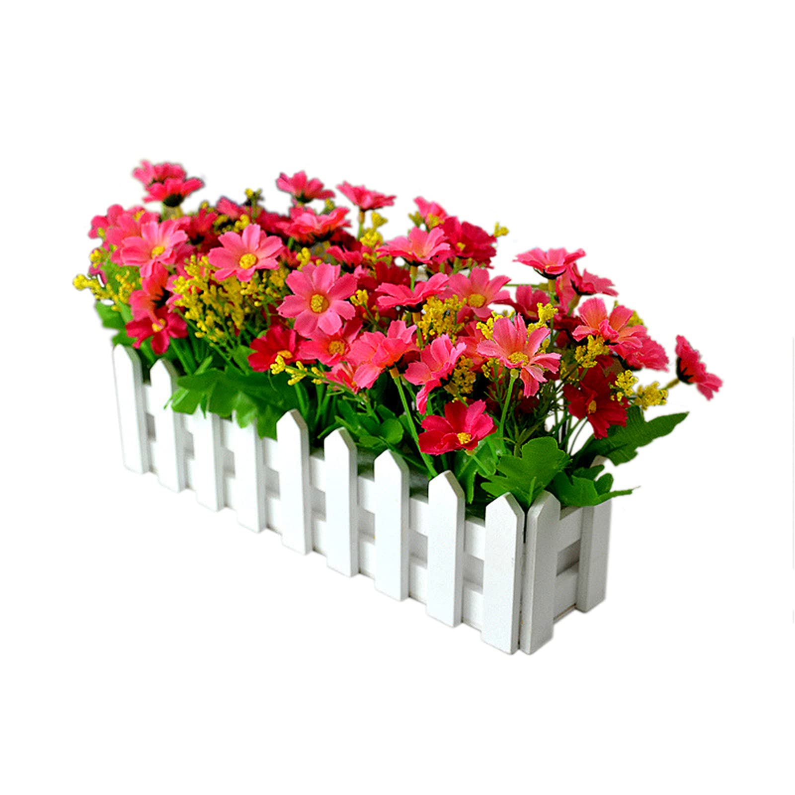 Artificial Flowers in Picket Fence Pot - Fake Jumping Orchid Chrysanthemum Plants - Mini Potted Plants for Indoor Farmhouse Wedding Home Office Decor (Rose Red) - Perfect for Table Centerpieces, Shelf Displays & Gift Giving