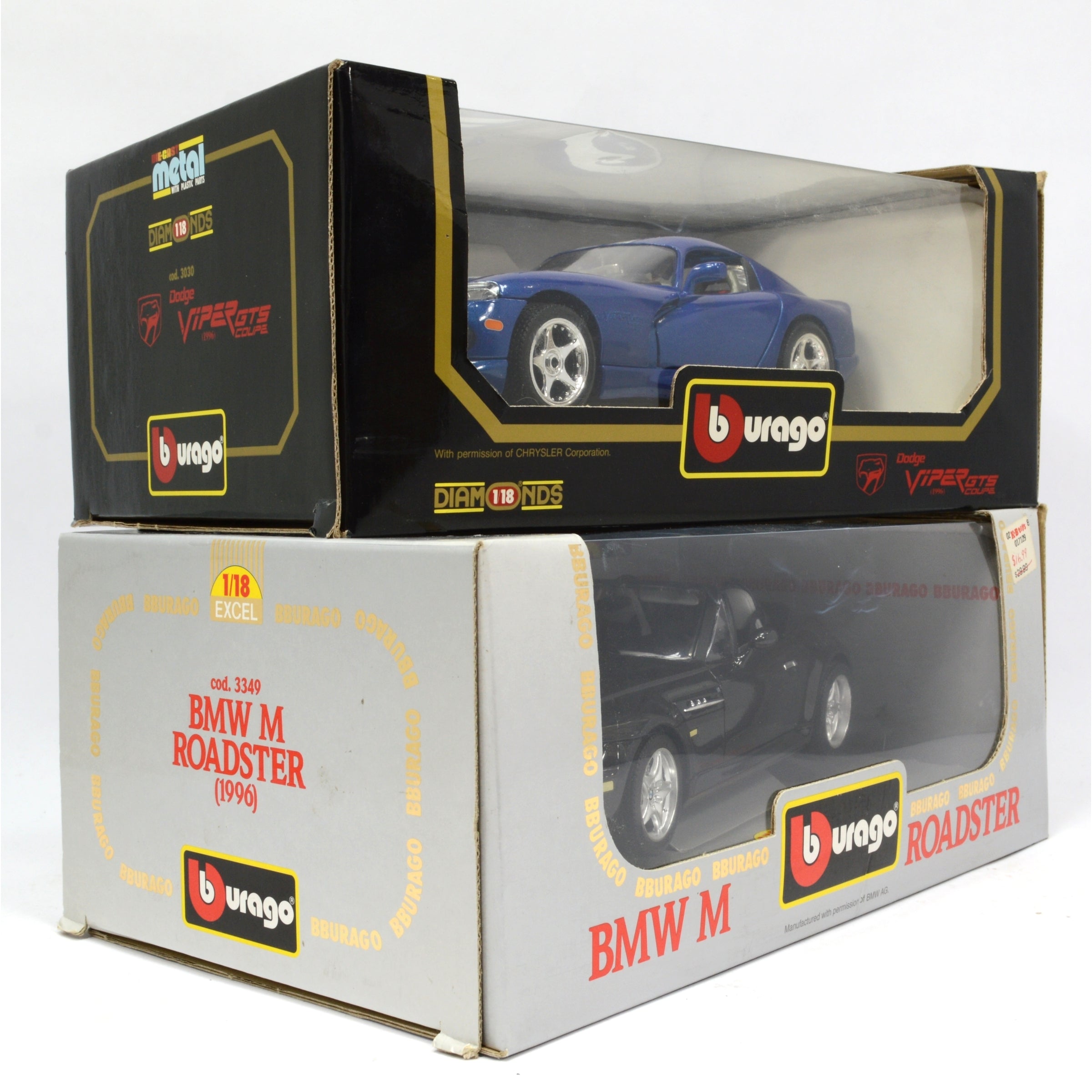 2-Pack BURAGO 1:18 Scale Diecast Model Cars - BMW M Roadster #3349 & Dodge Viper #3030 | Collectible Display for Car Enthusiasts & Perfect Gift for Auto Lovers