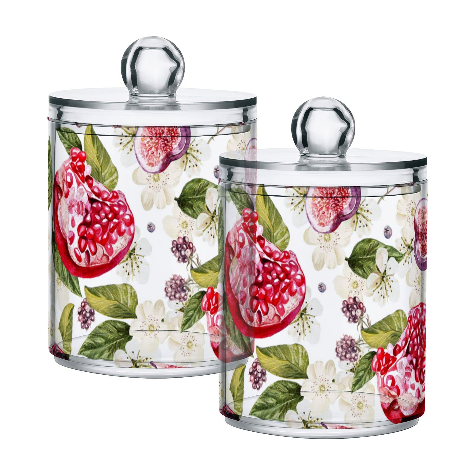 Set of 4 Red Pomegranate with White Flowers Green Leaves Seamless Texture Plastic Storage Jars with Lids - 10 oz Translucent Food Containers for Cotton Swabs, Tea, Cookies & Canning | Perfect for Kitchen Pantry Organization & Bathroom Storage