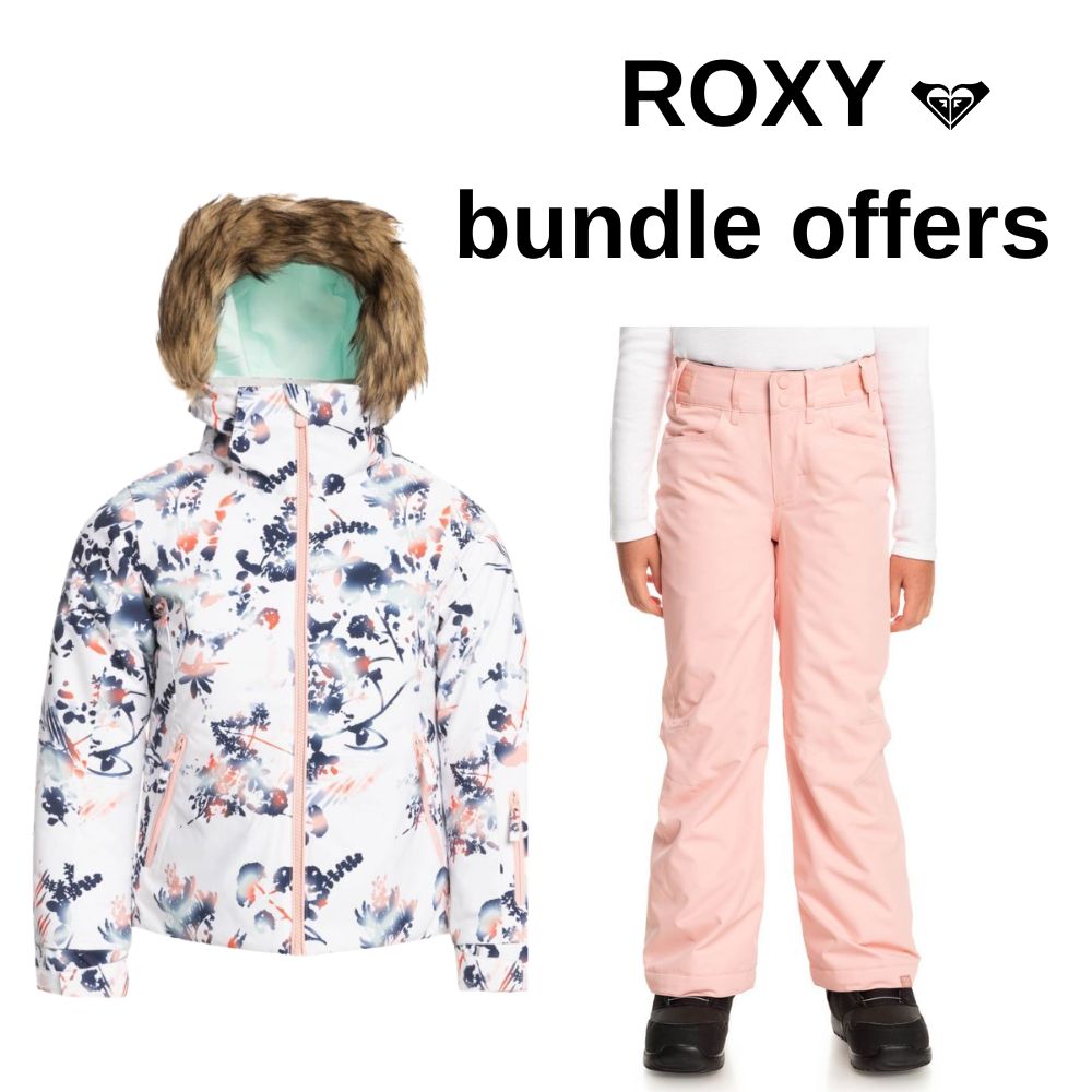 Roxy Jet Ski Girls Waterproof Ski Jacket & Backyard Snow Pants Bundle - Bright White & Mellow Rose - Perfect for Snowboarding, Skiing & Winter Outdoor Activities