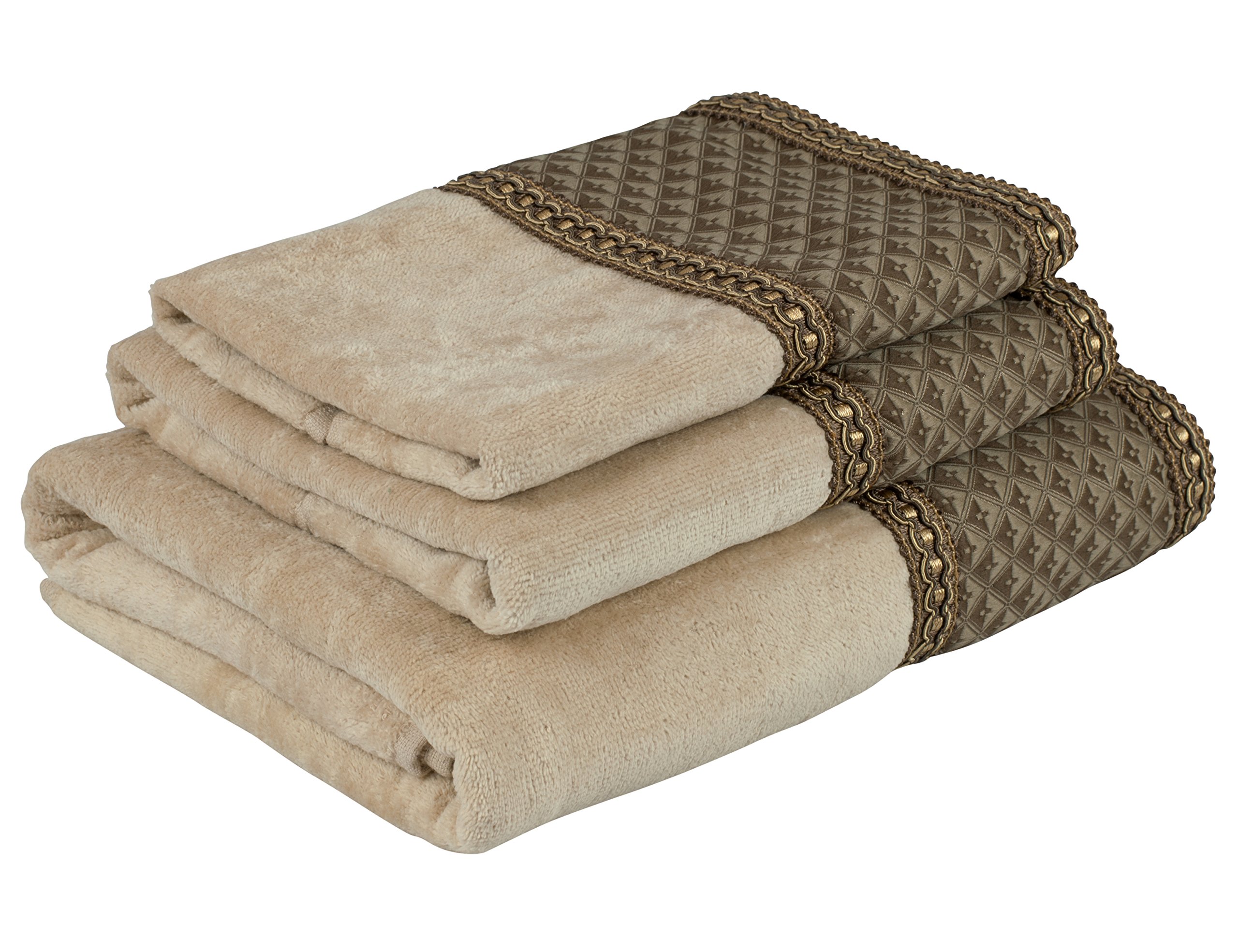 Sherry Kline Amore Wheat 3-Piece Embroidered Bath Towel Set - Soft & Absorbent Cotton Towels for Spa, Bathroom & Guest Use
