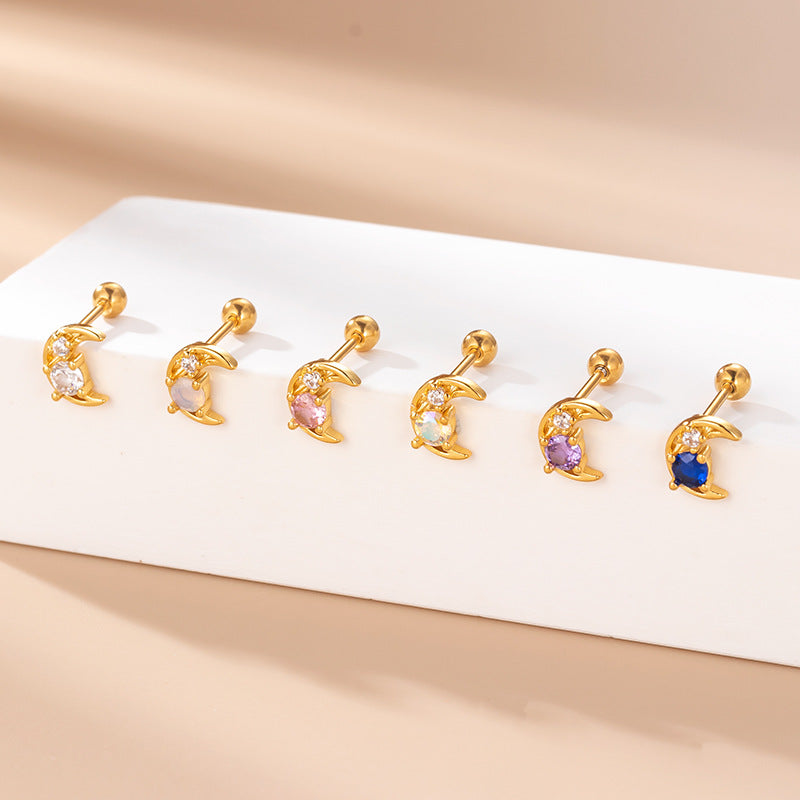 20G Cartilage Tiny Moon Earrings - Flat Back Opal Stud Earrings for Women | Dainty Jewelry for Everyday Wear, Gift for Her, Boho Style Earrings for Parties & Special Occasions