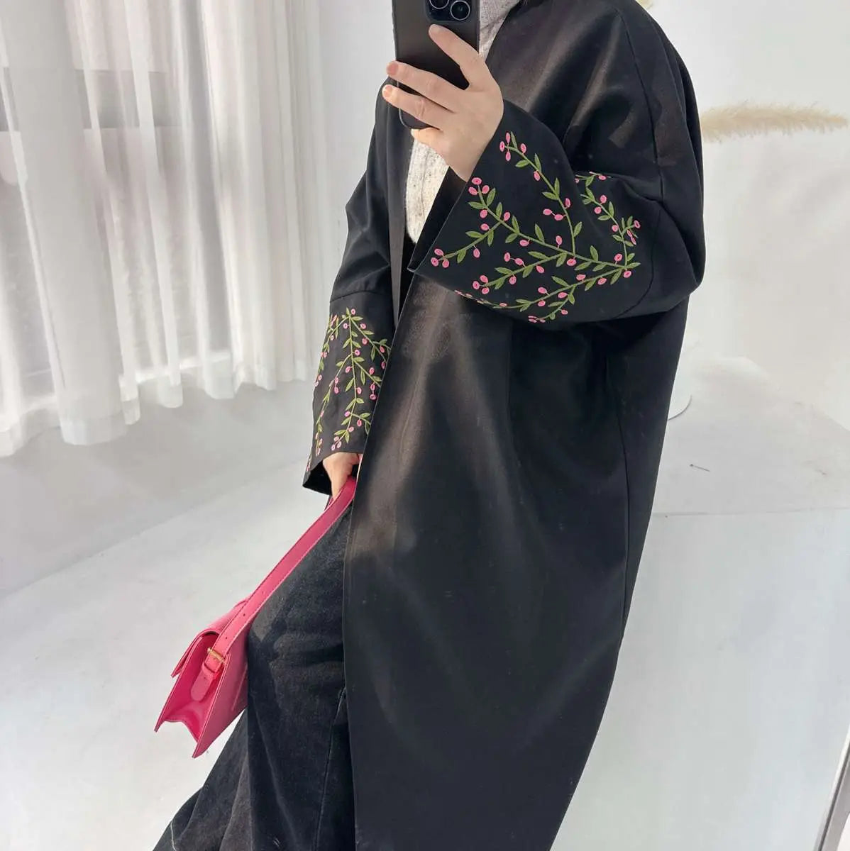 Linen Cotton Embroidery Cardigan Open Abaya Dress - Elegant Muslim Women's Cover Up for Prayer, Home & Casual Wear
