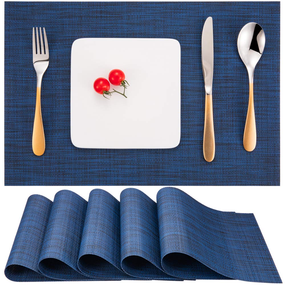 Myir JUN Set of 6 Non-Slip Heatproof Washable Woven Placemats - PVC Fabric Dining Table Mats for Indoor Use (Dark Blue) - Perfect for Everyday Meals, Dinner Parties & Home Decor