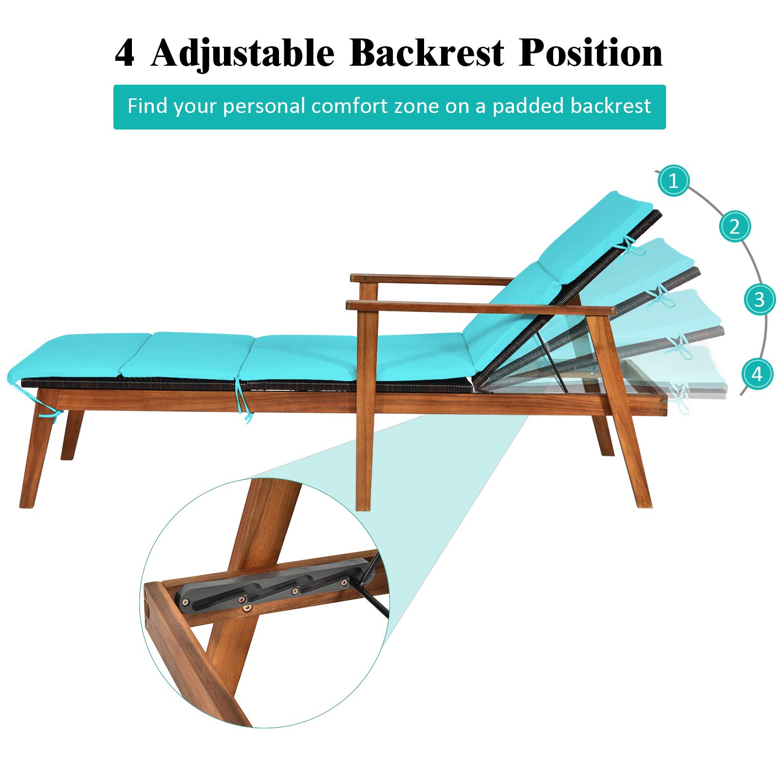 Tangkula 3-Piece Patio Chaise Lounge Set - Acacia Wood Outdoor Reclining Chairs with Adjustable Back (4 Positions), Folding Side Table & Cushions - Rattan Furniture for Poolside, Backyard, Garden, or Beach (Turquoise)