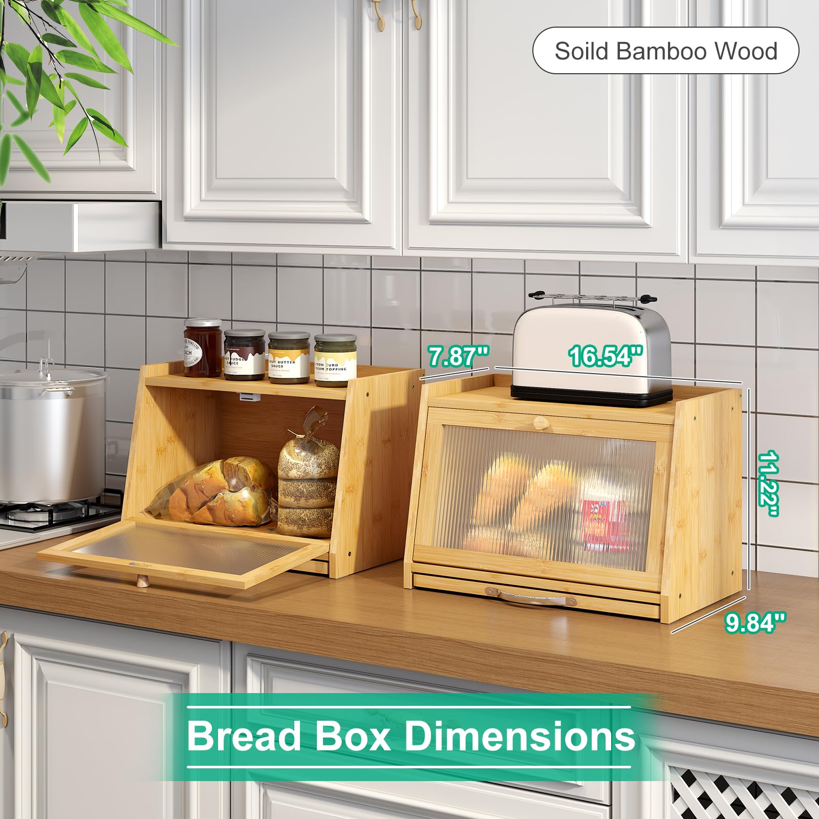 Bamboo Bread Box with Cutting Board & Wavy Acrylic Transparent Door - Natural Wood Bread Storage Container for Kitchen Counter | Perfect for Storing Bread, Pastries & Baked Goods to Keep Fresh Longer