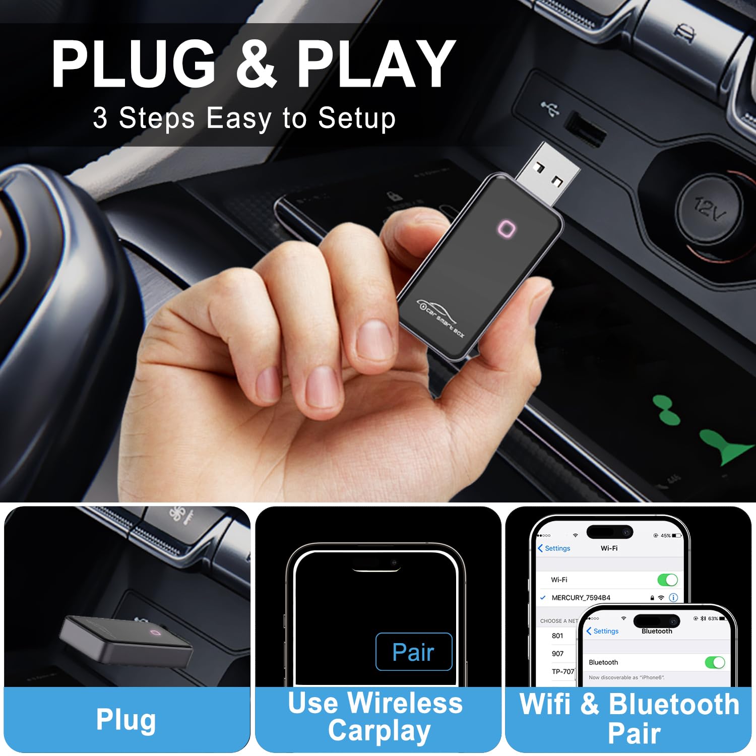 Wireless CarPlay & Android Auto Adapter - Plug & Play Bluetooth Dongle for iPhone iOS 10+ & Android 10+ - Convert Wired to Wireless in Cars, Trucks & SUVs - Easy Hands-Free Calling & Navigation While Driving (Black)