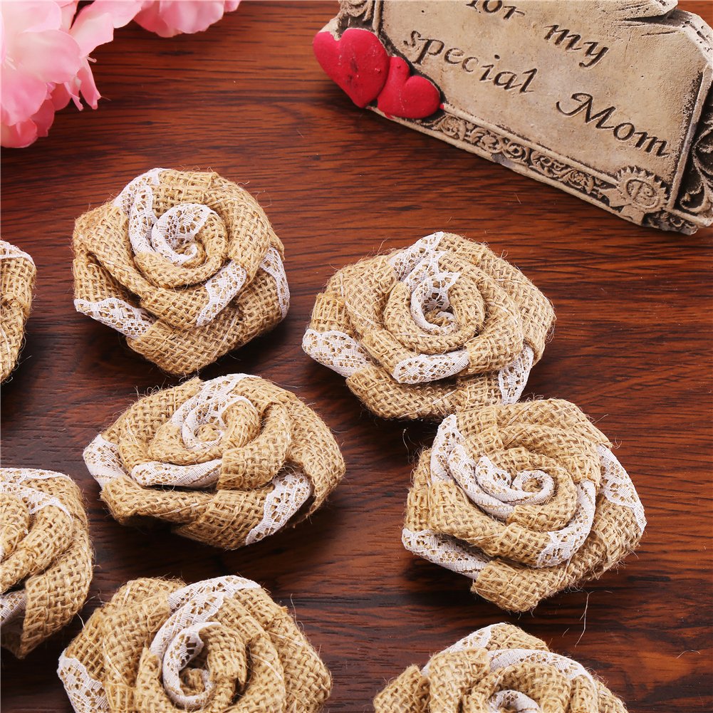 12-Piece Burlap Rose Flowers Set - Rustic Wedding Decor, DIY Craft Supplies for Bouquets, Centerpieces, and Home Decorations