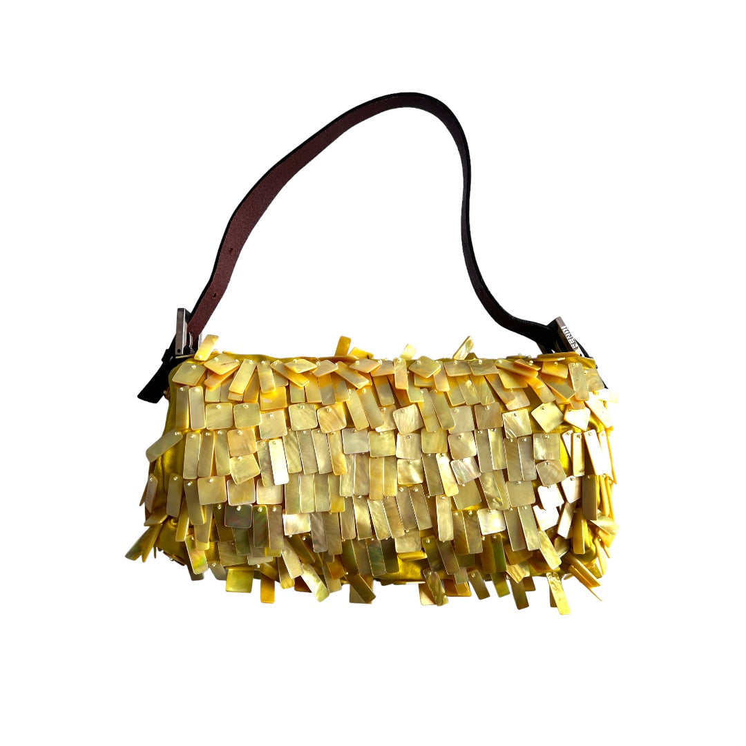 Vintage Fendi Lemon Satin Mother of Pearl Baguette Bag - Luxury Designer Crossbody Purse for Women, Perfect for Parties, Weddings & Evening Events