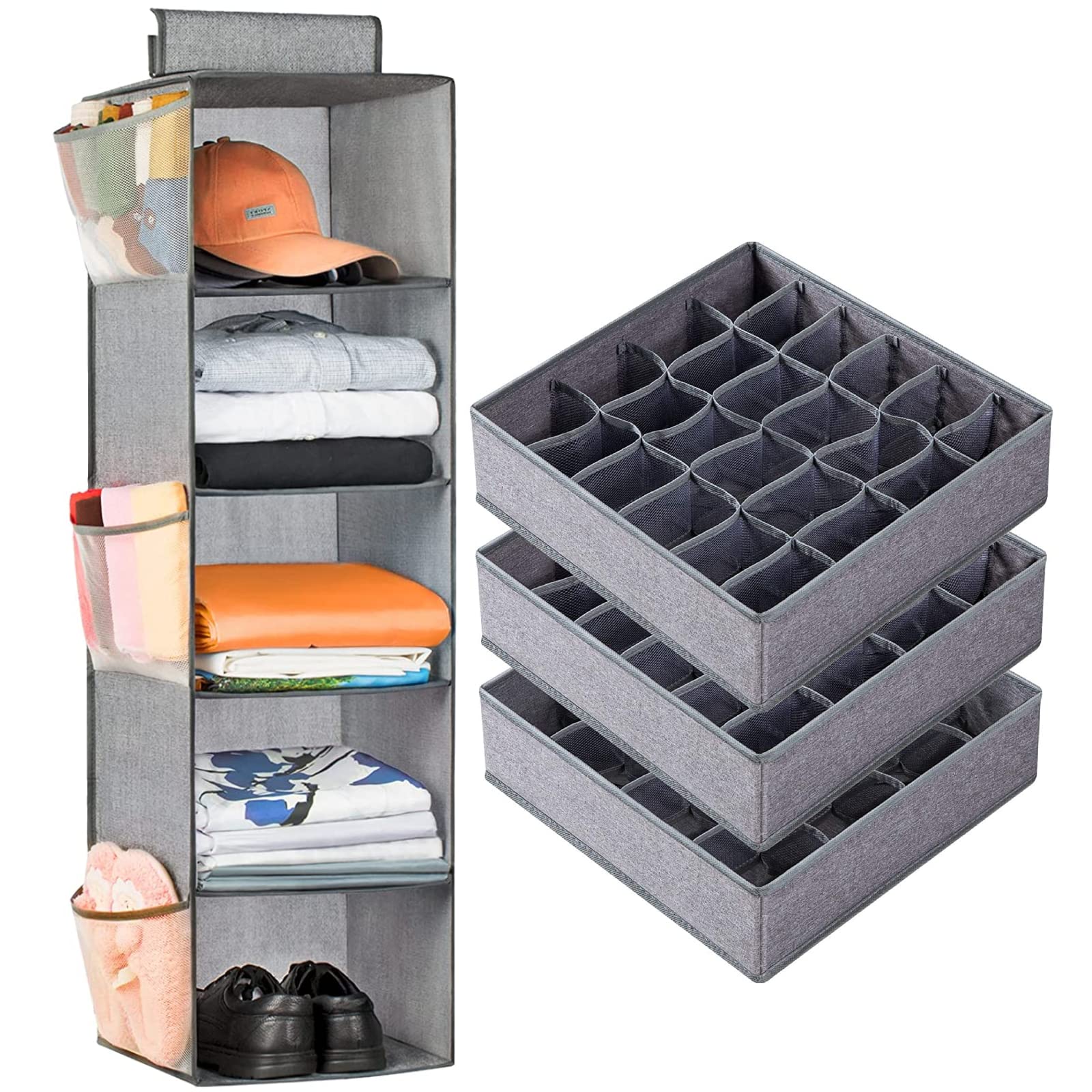 3-Pack Sock & Underwear Organizer Dividers with 5-Shelf Hanging Closet Organizer | Foldable Fabric Storage Box for Clothes, Socks & Accessories | Space-Saving Closet & Cabinet Organization for Home & Dorm