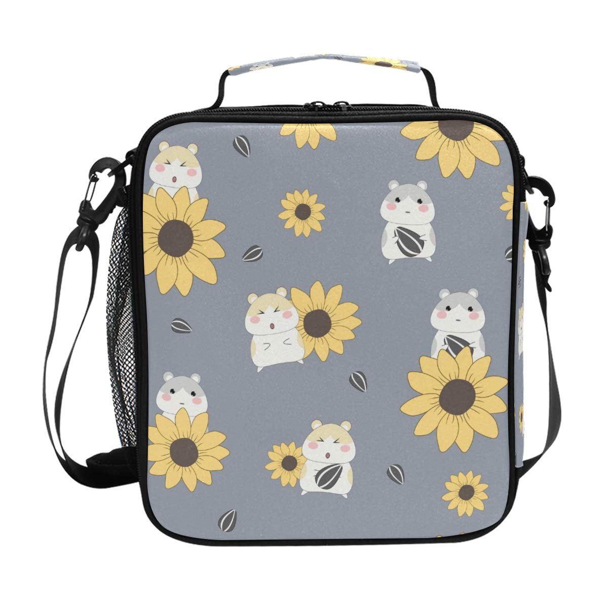 Insulated Lunch Box with Cute Hamster & Sunflower Design - Large Thermal Lunch Bag for Women, Men, Boys & Girls - Meal Prep Cooler & Food Warmer with Adjustable Shoulder Strap - Perfect for School, Work, Picnics & Outdoor Activities