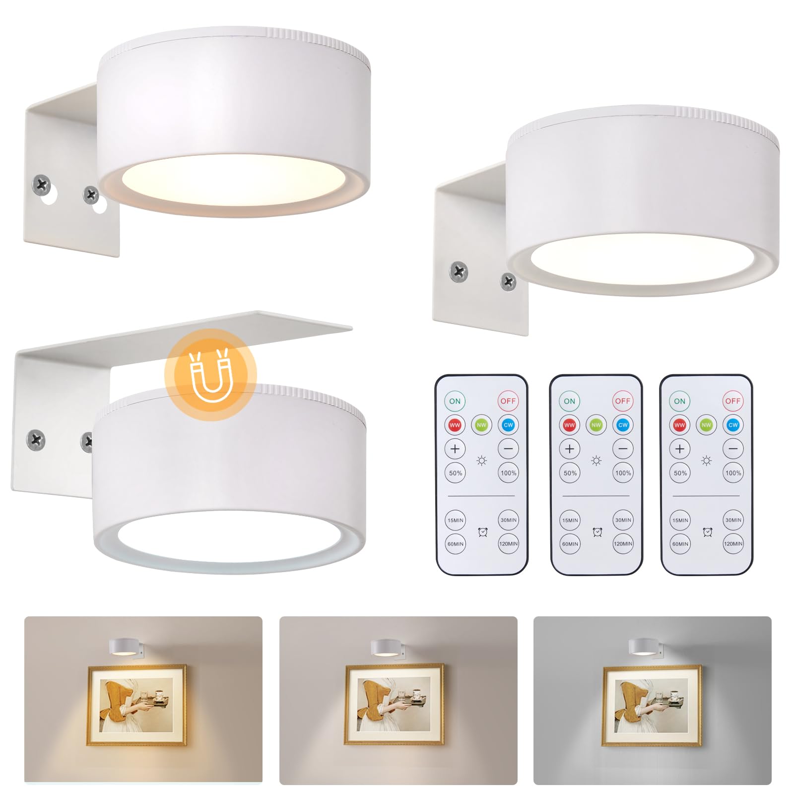 3 Pcs Battery Operated LED Picture Lights for Wall Art - Wireless Magnetic Gallery Lighting with 3 Modes & Dimmable Timer - Perfect for Paintings, Posters, Photos and Home Decor (White)