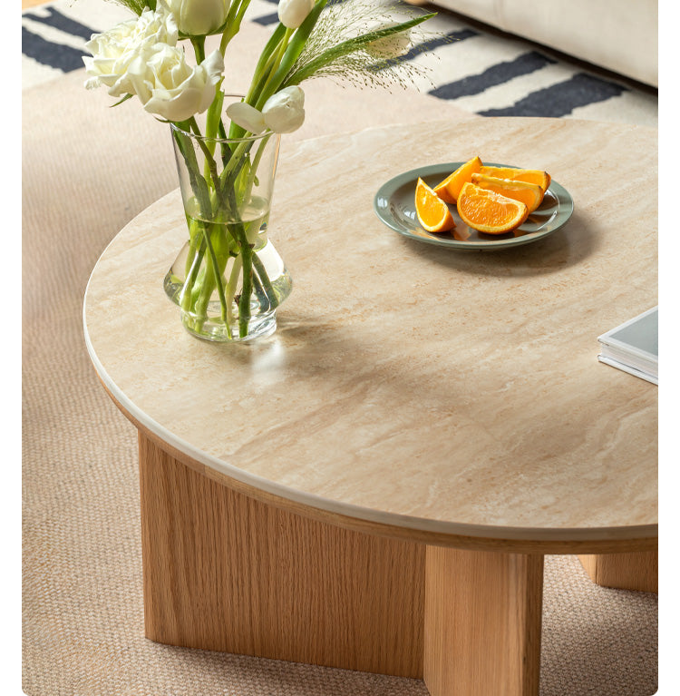 Solid Oak Wood Travertine Coffee Table - Rustic Modern Living Room Furniture for Home Decor & Lounge Use