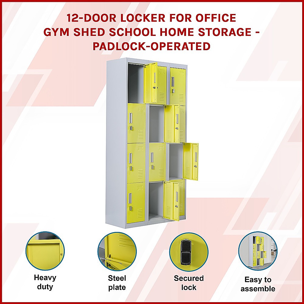12-Door Locker with Padlock - Heavy Duty Metal Storage Cabinet for Office, Gym, School & Home - Secure Equipment & Personal Belongings Organization (Ideal for Locker Rooms, Employee Storage & Sports Facilities)