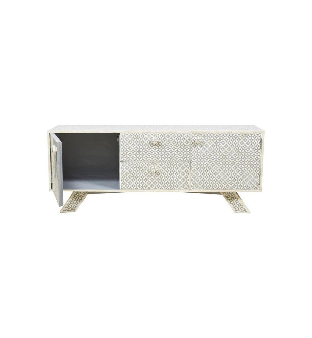 Handmade White Bone Inlay TV Stand with Geometric Patterns - Modern Media Console for Living Room, Bedroom & Home Theater Decor