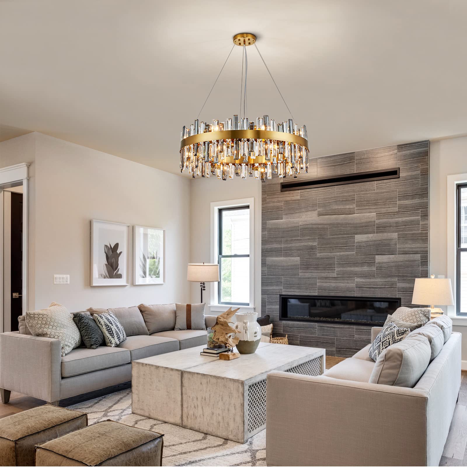 Siljoy Modern 16-Light Crystal Chandelier - Luxury Gold Round 2-Tier Raindrop Design, Dimmable Flush Mount Ceiling Light for Dining Room, Living Room, Entryway & Foyer (31.5