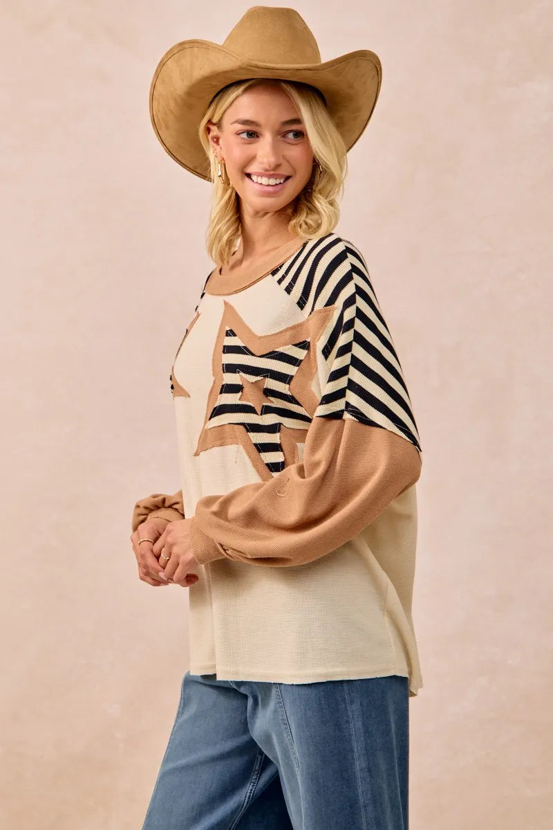 BiBi Star Patchwork Mixed Long Sleeve Top for Women - Stylish Boho Chic Blouse for Casual Wear, Date Night & Office Outfits