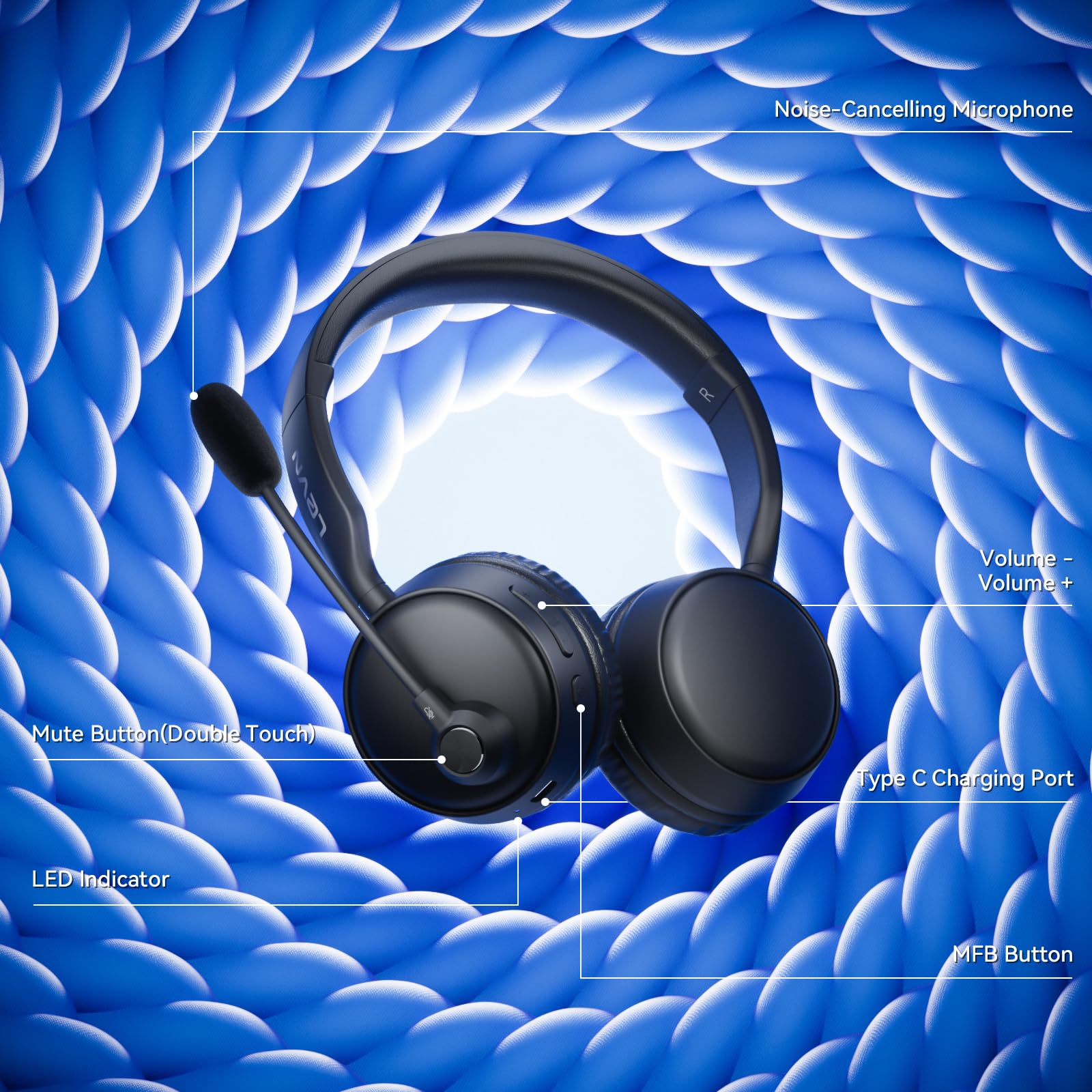 LEVN Bluetooth Headset with Microphone - Wireless Headphones with Noise Cancelling, 60H Battery Life, Multipoint Connectivity for Phone/Laptop/PC - Perfect for Office Calls, Online Meetings & Remote Work