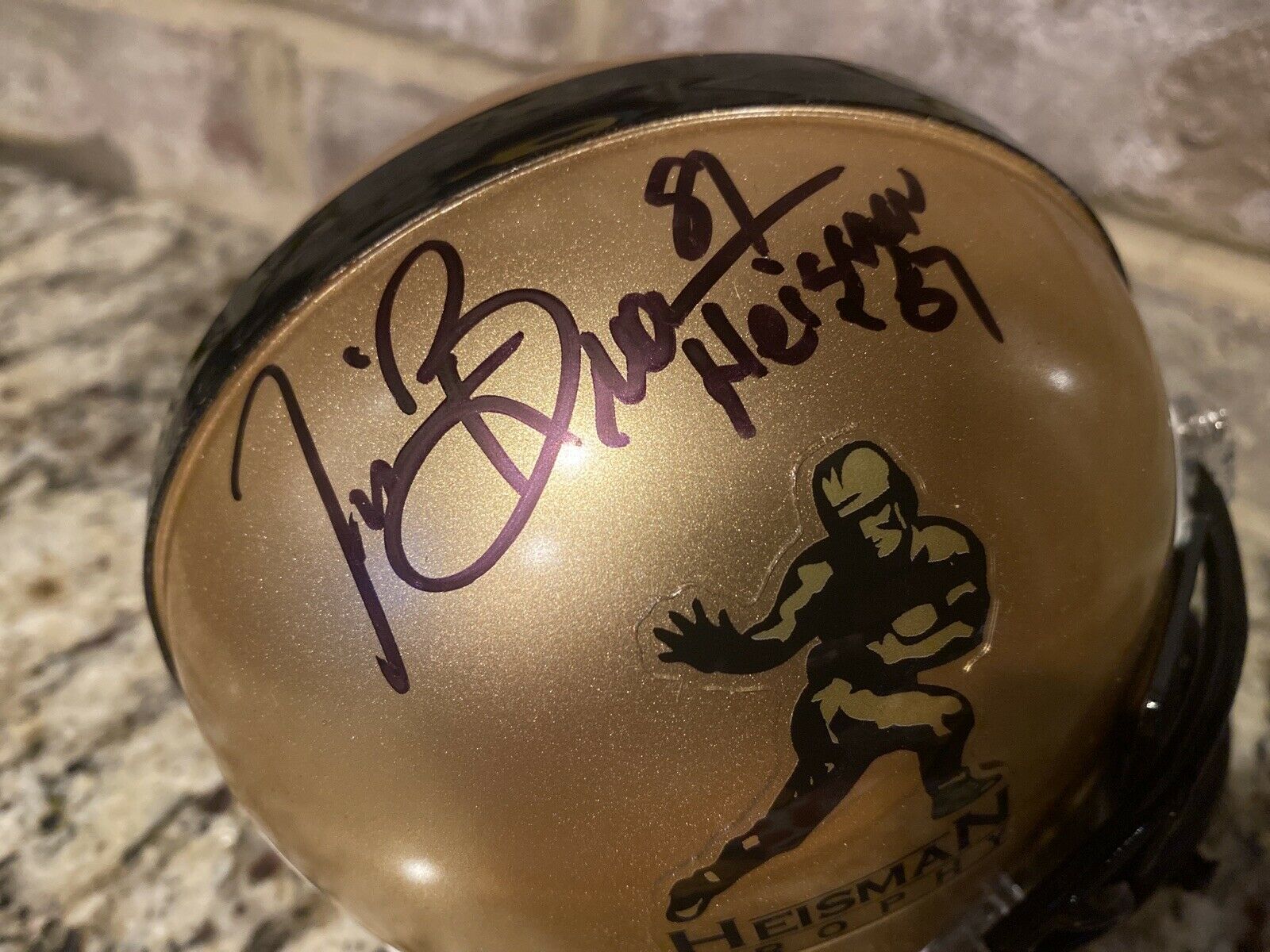 Tim Brown Signed Heisman Trophy Mini Helmet - Authentic Autograph with 'Heisman 87' Inscription & Custom Heisman Visor - Perfect for Sports Memorabilia Collectors and Notre Dame Fans