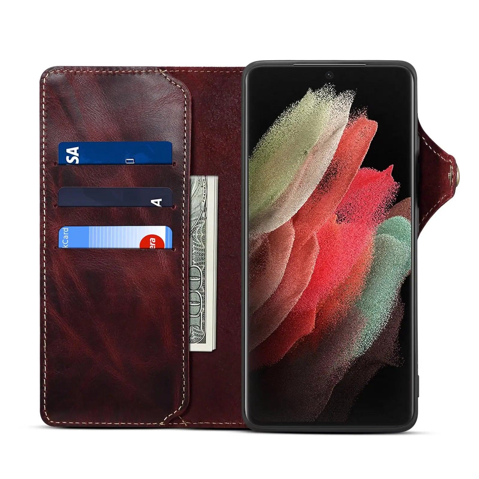 Premium Galaxy S24 Genuine Cowhide Leather Wallet Case - Slim Protective Cover with Card Slots for Daily Use & Travel