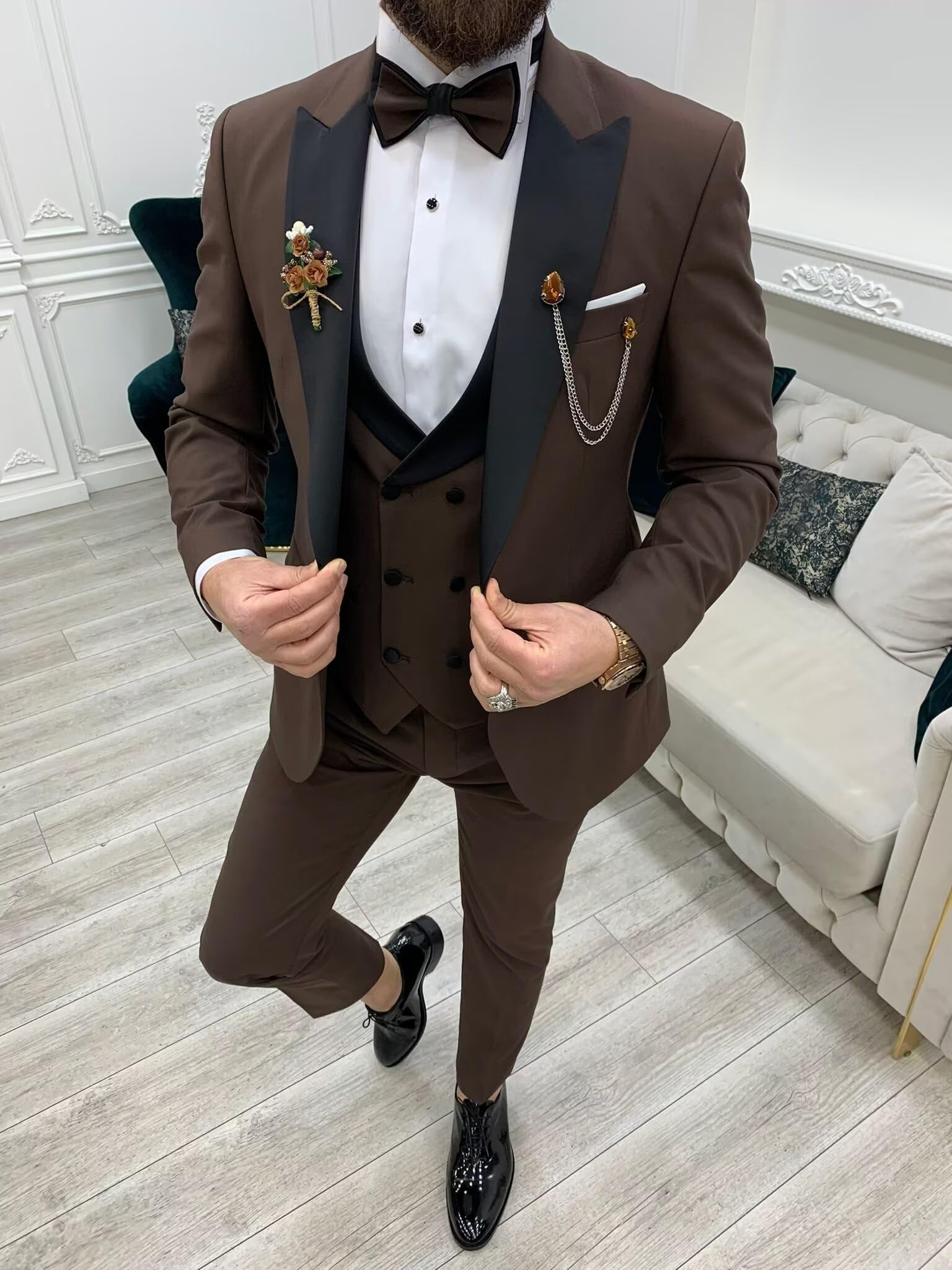 Wangyue Men's Slim Fit 3-Piece Tuxedo Suit | Formal Wedding Groomsmen Suit with Peak Lapel & Bow Tie | Perfect for Prom, Black Tie Events & Special Occasions