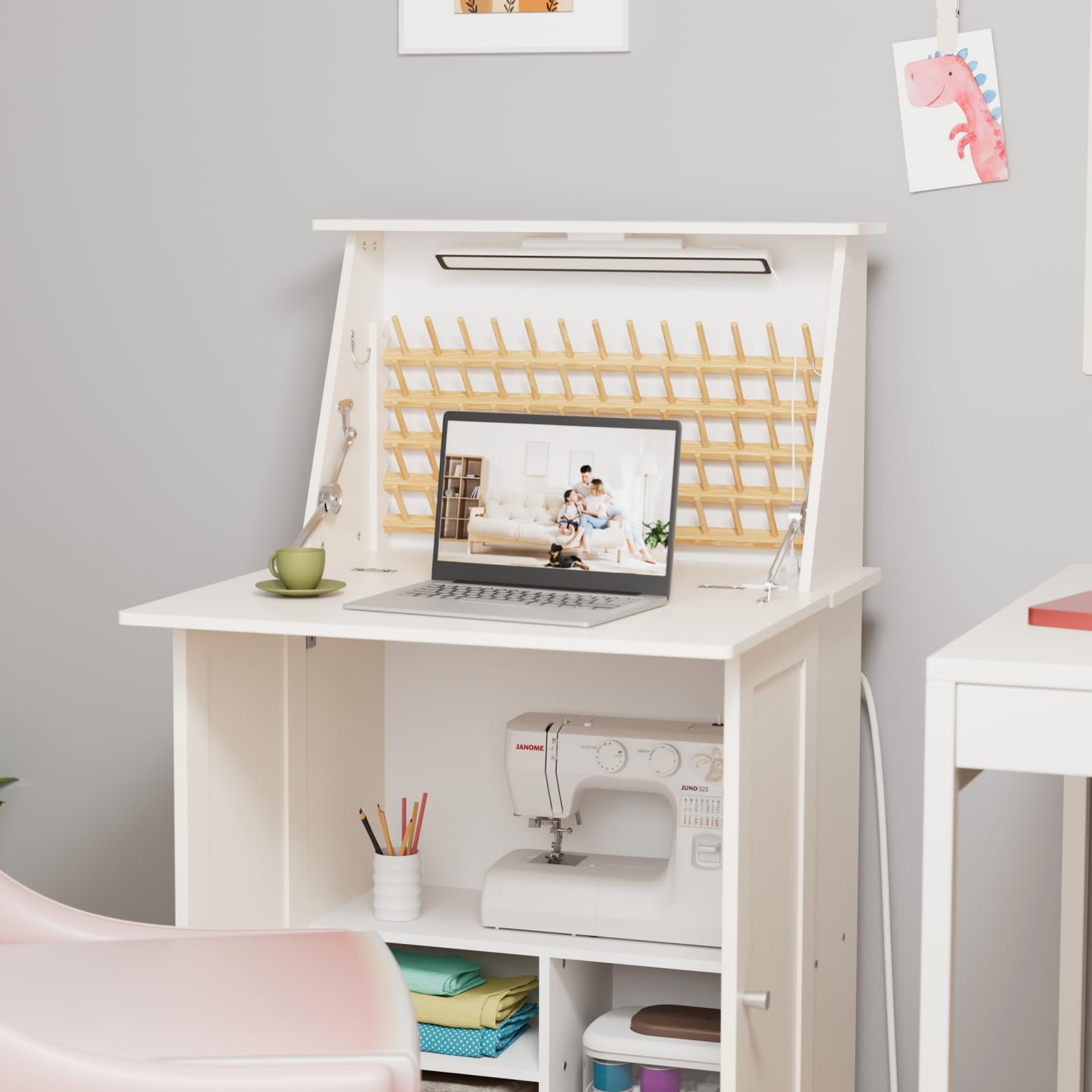Multipurpose Sewing Table with Under Cabinet Lights & Charging Station - 65 Spool Thread Rack, Craft Storage Workspace with Organizer Shelves, Compact Design - Perfect for Quilting, Sewing Projects & DIY Crafting at Home