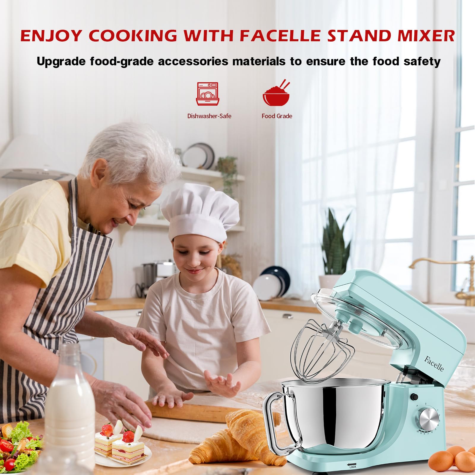 Facelle 5.5Qt Stand Mixer - 10+ Speed Tilt-Head Electric Kitchen Mixer with Stainless Steel Bowl, Dough Hook, Whisk & Beater - Perfect for Baking Cakes, Cookies, Bread & More - Ideal for Home Bakers & Professional Chefs