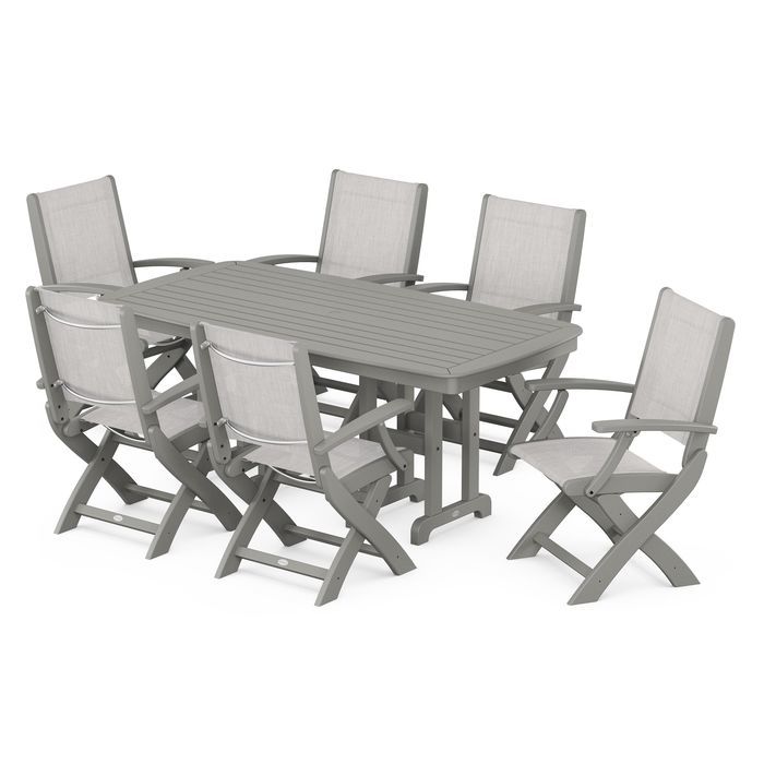 POLYWOOD Coastal Folding Arm Chair 7-Piece Outdoor Dining Set - Perfect for Patio, Deck, Poolside & Beachfront Entertaining