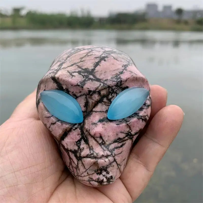 1PC Natural Polished Rhodonite Crystal Alien Skull Carving - Reiki Healing Stone, Feng Shui Decor, Unique Mineral Specimen for Home, Office & Meditation Space