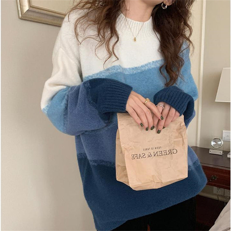 Gradient Color Autumn Winter Sweater - Loose Fit Casual Knit Round Neck Pullover for Women | Cozy Layering for Fall & Winter Outfits
