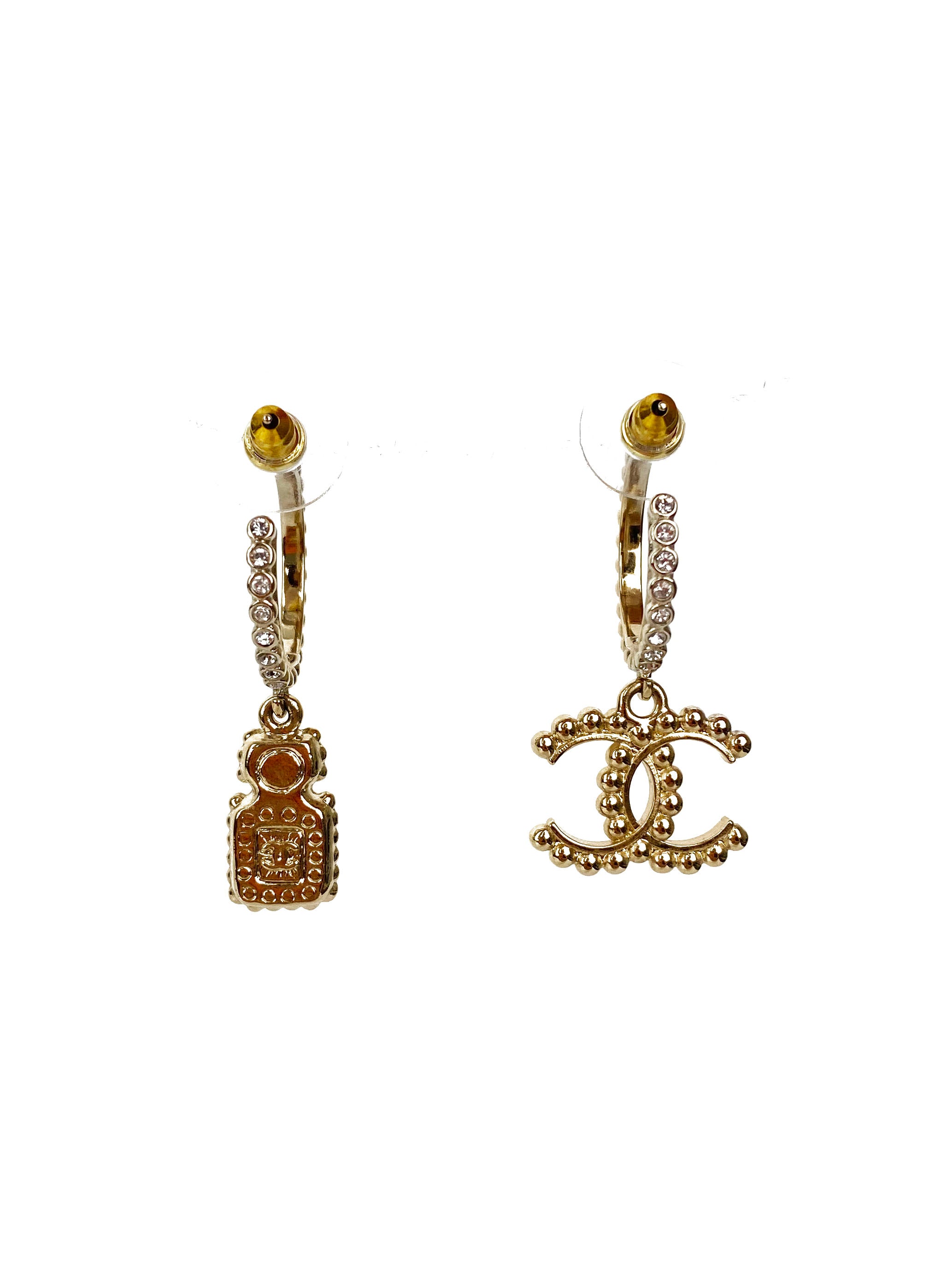 Chanel CC Logo & Perfume Bottle Hoop Earrings - Luxury Fashion Jewelry for Women, Gift for Her, Perfect for Parties & Special Occasions