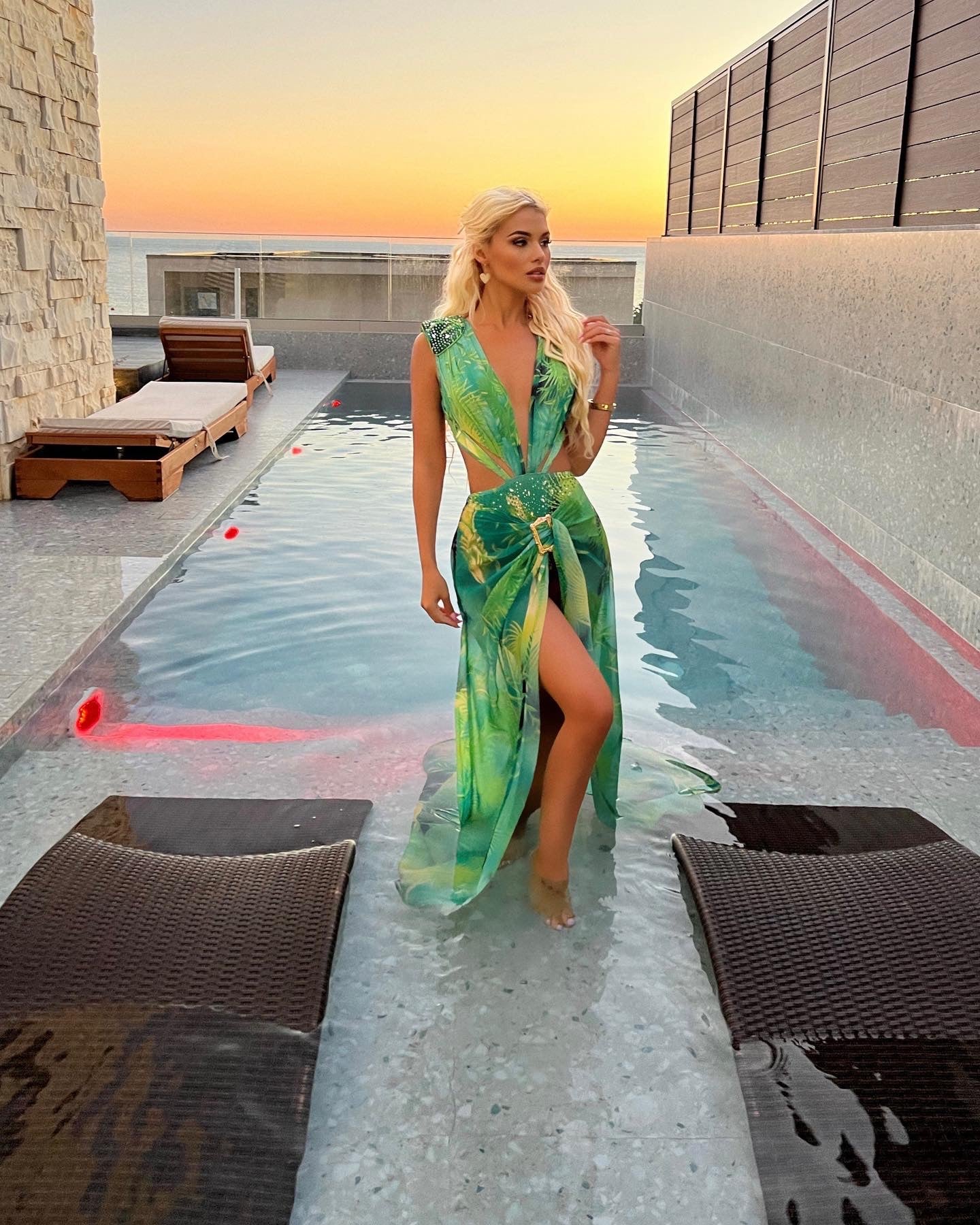 Tropical Print Plunge Studded Maxi Skirt Two Piece Set - Green Floral Summer Outfit for Beach Vacation, Music Festival & Boho Chic Fashion