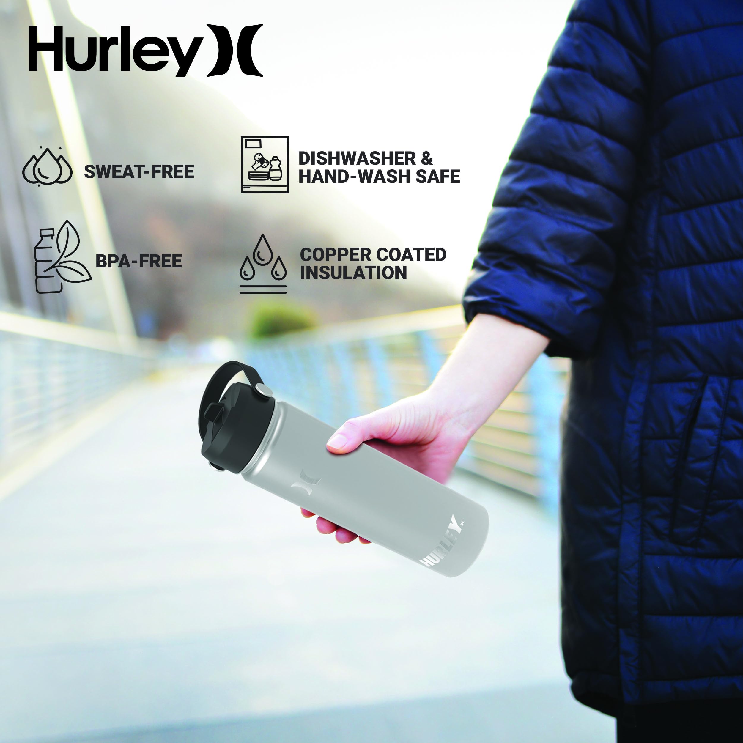Hurley 20oz Insulated Stainless Steel Water Bottle with Flip Straw Lid - Keeps Drinks Hot & Cold for 24 Hours - Perfect for Gym, Hiking, Travel & Outdoor Activities - Gradient Candy Pop Design