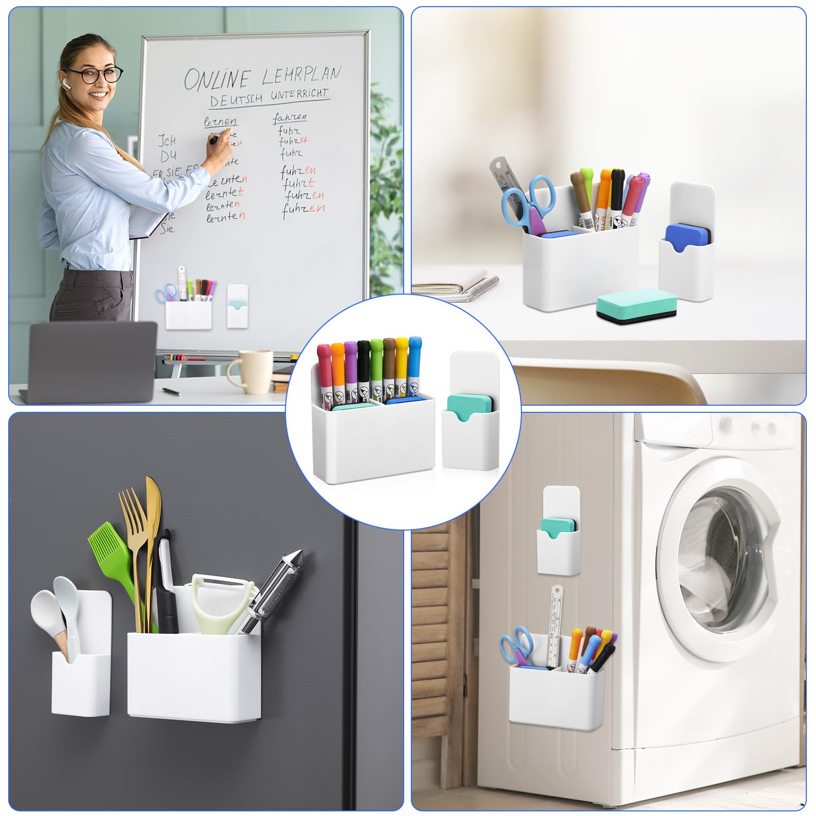 Vyuwast 12-Piece Whiteboard Accessories Set - 2 Magnetic Pen Holders with 2 Whiteboard Erasers & 8 Whiteboard Markers - Magnetic Organizer for School, Office, Whiteboard, Refrigerator (White) - Perfect for Classroom, Home Office & Kitchen Organization