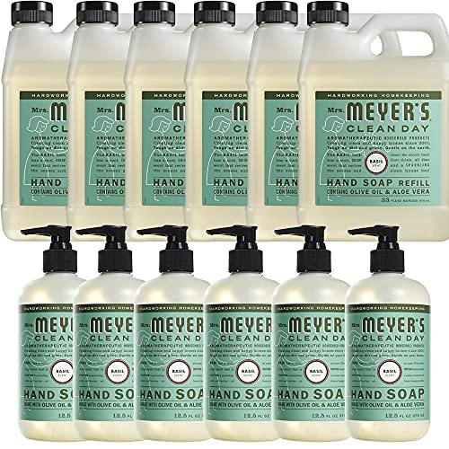 **Premium Liquid Hand Soap & Refill Combo Pack - 6 x 12.5 Fl Oz Bottles + 6 x 33 Fl Oz Refills, Basil Scented - Ideal for Home, Office & Public Restrooms**