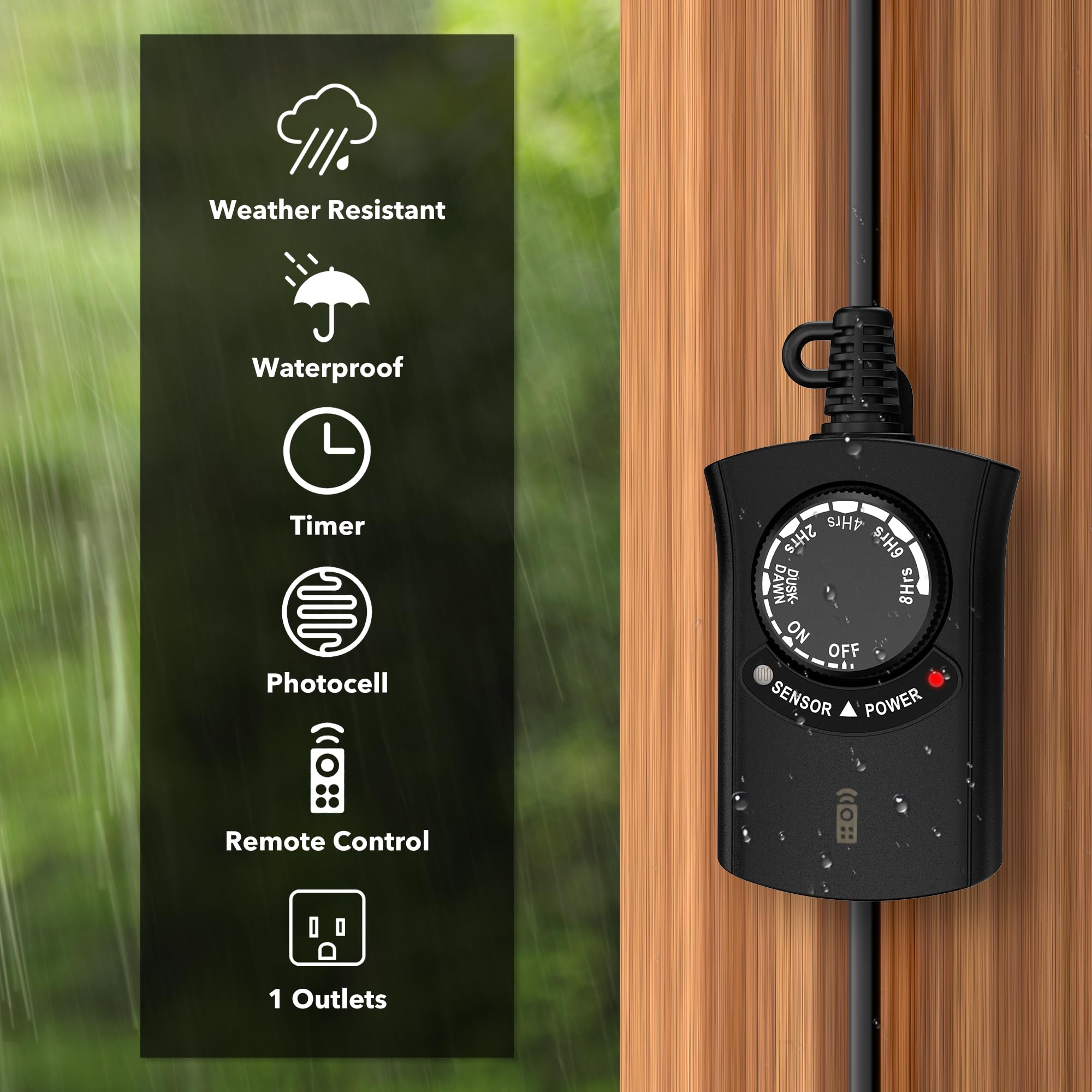 HBN Outdoor Light Timer Waterproof - Weatherproof Photocell Dusk to Dawn Sensor with Remote Control, 2/4/6/8 Hour Countdown Timer, 15A 1875W 1/2HP Outlet for Christmas Lights, Landscape Lighting & Holiday Decorations
