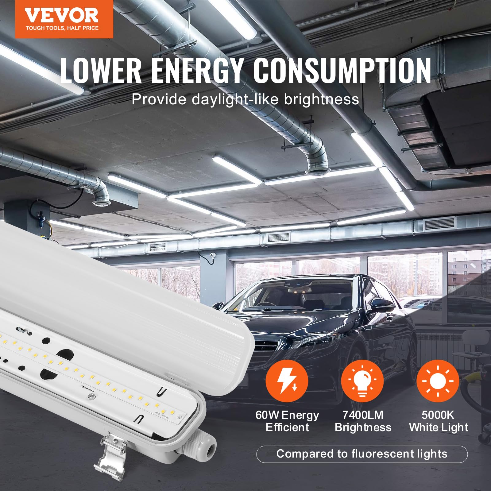 VEVOR 4FT LED Vapor Tight Light Fixture - 60W 7400LM Waterproof IP65 5000K - Durable Lighting for Outdoor, Warehouse, Freezer & Car Wash - Energy Efficient Vapor Proof Lights (4-Pack) - Perfect for Cold Environments, Parking Lots & Semi-Outdoor Areas