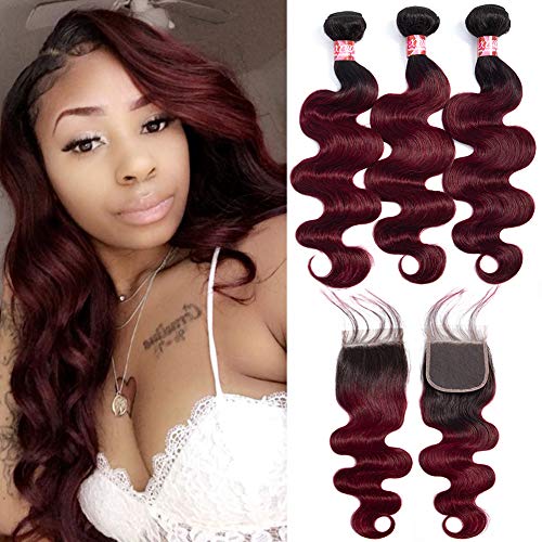 XCCOCO 1b/99j# 2 Tone Ombre Hair Bundles with 4X4 Lace Frontal - 3 Bundles Body Wave 8A Grade Virgin Human Hair Weave (10,12,14+10inch) Black to Burgundy Ombre for Full Head Installation | Perfect for Daily Styling, Parties & Special Occasions