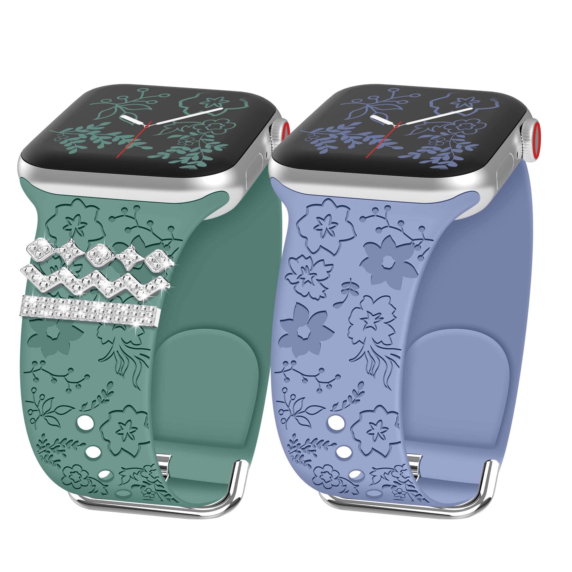 2 Pack Floral Engraved Silicone Watch Band for Apple Watch 38/40/41/42/44/45/49mm - Compatible with Series 8/7/6/5/4/3/2/1/SE/Ultra - Women's Fashion Wristband with Decorative Rings - Perfect for Workout, Running & Daily Wear