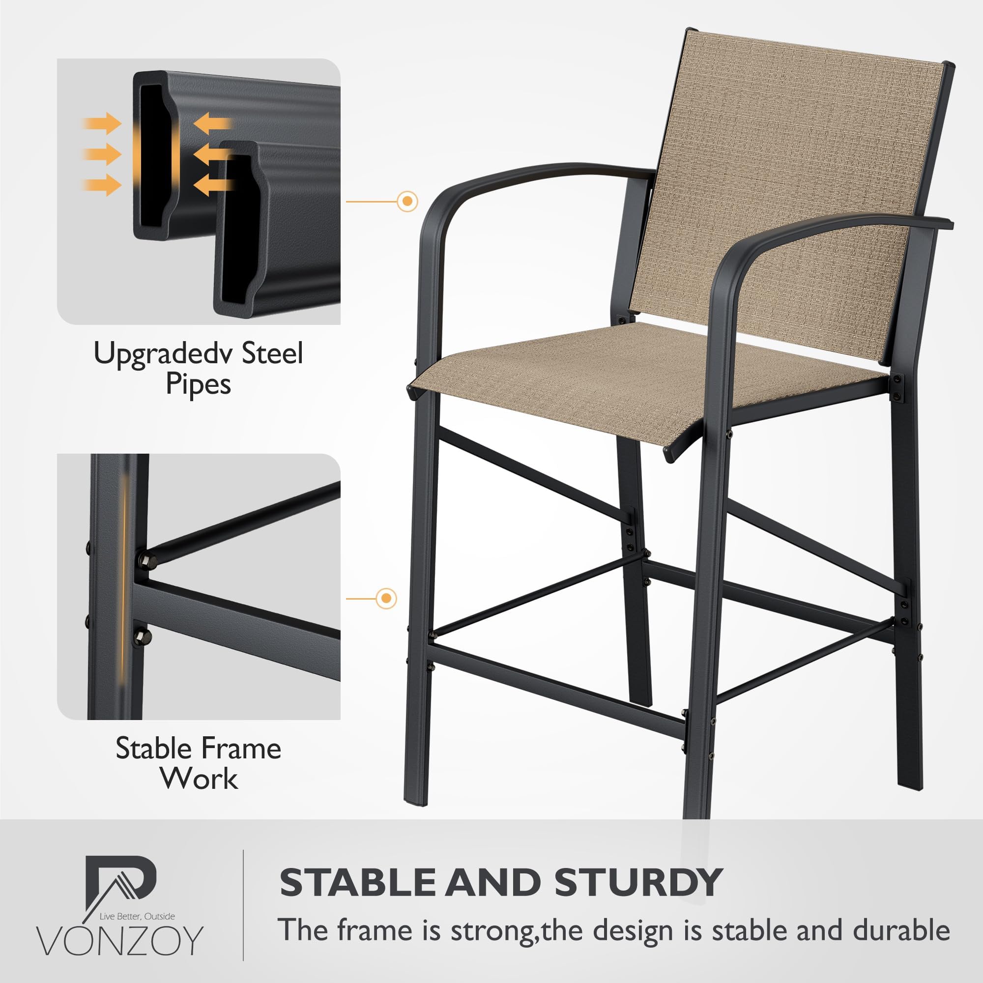 4-Piece Outdoor Bar Stools Set - Heavy Duty 300lb Capacity All-Weather Mesh Bar Height Chairs for Patio, Deck, Backyard & Poolside - Comfortable Brown Seating Furniture