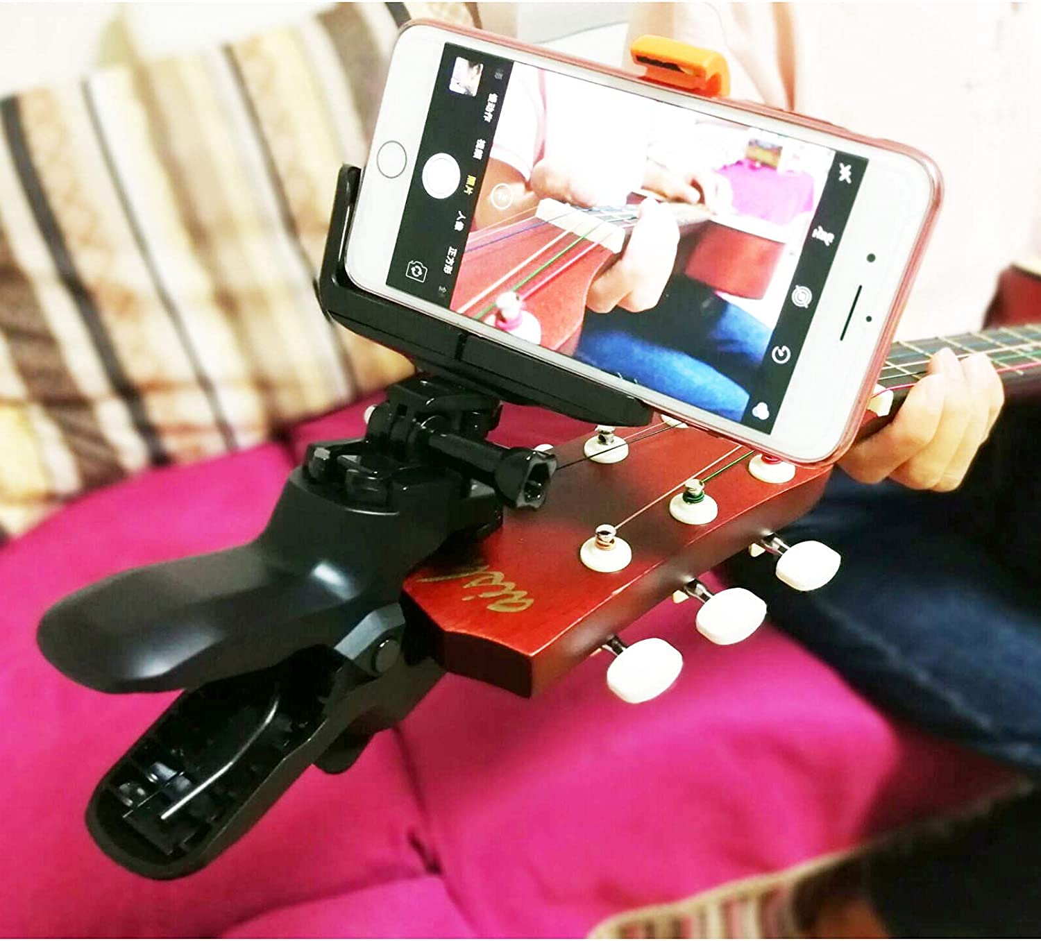 Multi-Purpose Guitar & Ukulele Smartphone Mount Holder - Adjustable Headstock Phone Clamp for iPhone, Android & Action Cameras - Perfect for Landscape Filming, Live Streaming & Music Tutorial Videos