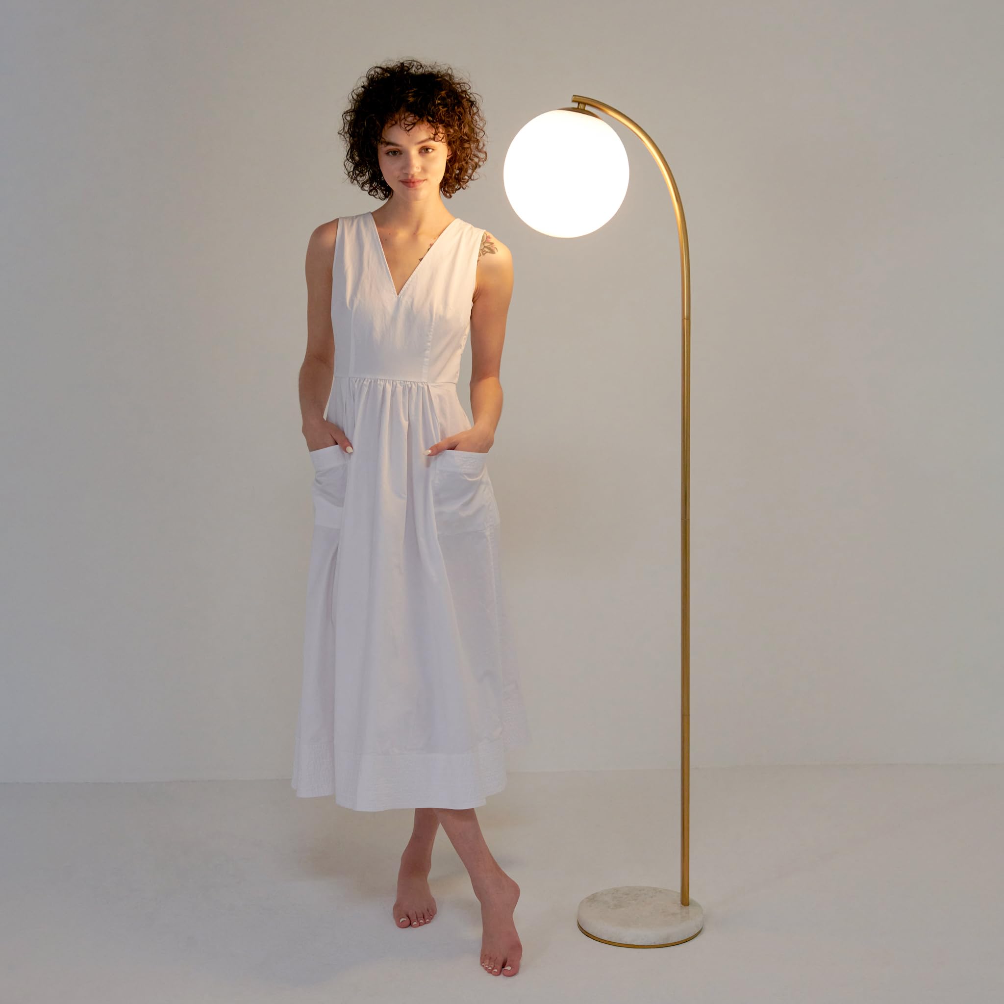 Brightech Luna Drop LED Floor Lamp - Frosted Glass Globe Arcing Standing Light, Mid-Century Modern Living Room Lamp for Bedroom, Office & Reading Nook - Brass Finish - Perfect for Cozy Nights & Boho Rustic Home Decor
