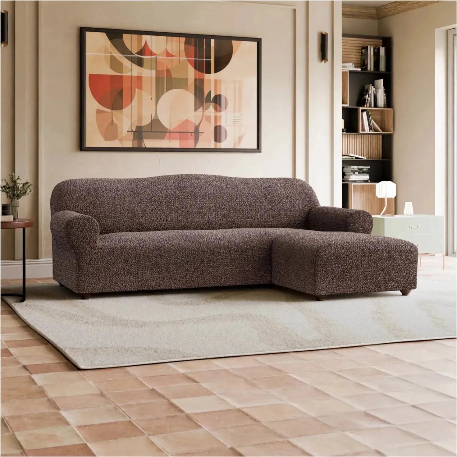 L Shaped Sofa Slipcover with Right Chaise - Mille Righe Collection Stretchable Furniture Protector for Living Room, Family Room & Home Theater